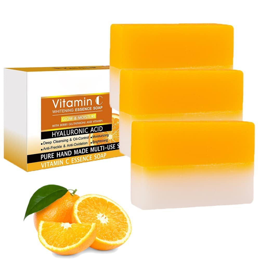 Powerganic+ Skin Rescue Vitamin C Brightening Soap - 99% Natural Handmade Cleansing Bar for Glowing Skin (3 Pack) | Face & Body Wash for Acne, Dark Spots & Uneven Tone | Perfect for Daily Skincare Routine & Travel