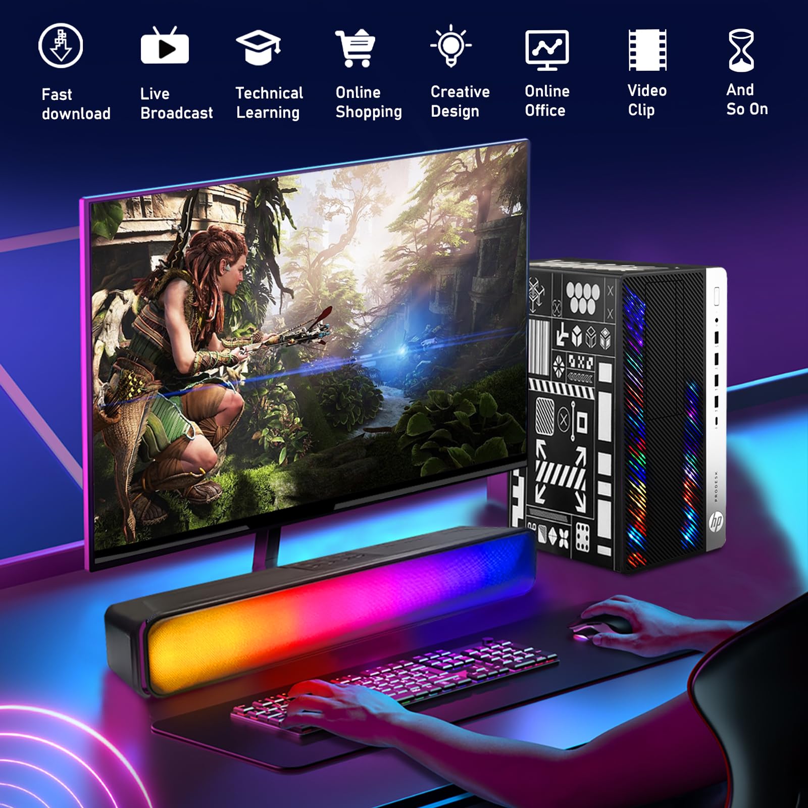 HP RGB Gaming PC - Intel i5-6500, GT 1030, 16GB DDR4 for Esports & Streaming