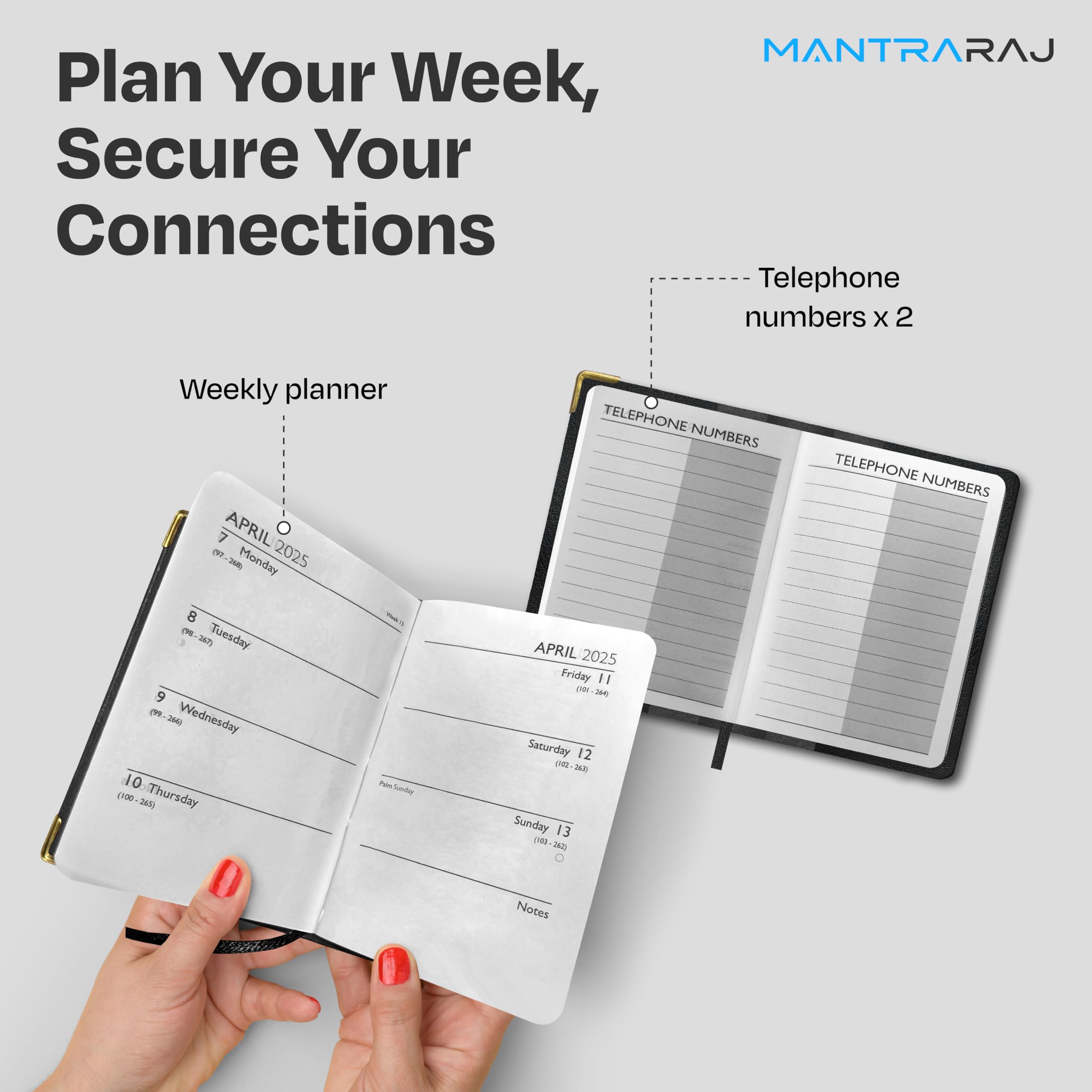 MantraRaj 2025 Weekly Planner - PVC Leather Effect Pocket Diary with Metal Corners, Hard Cover Case, Conversion Tables & Organizer Tools (12cm x 7cm) - Perfect for Business, School & Personal Scheduling