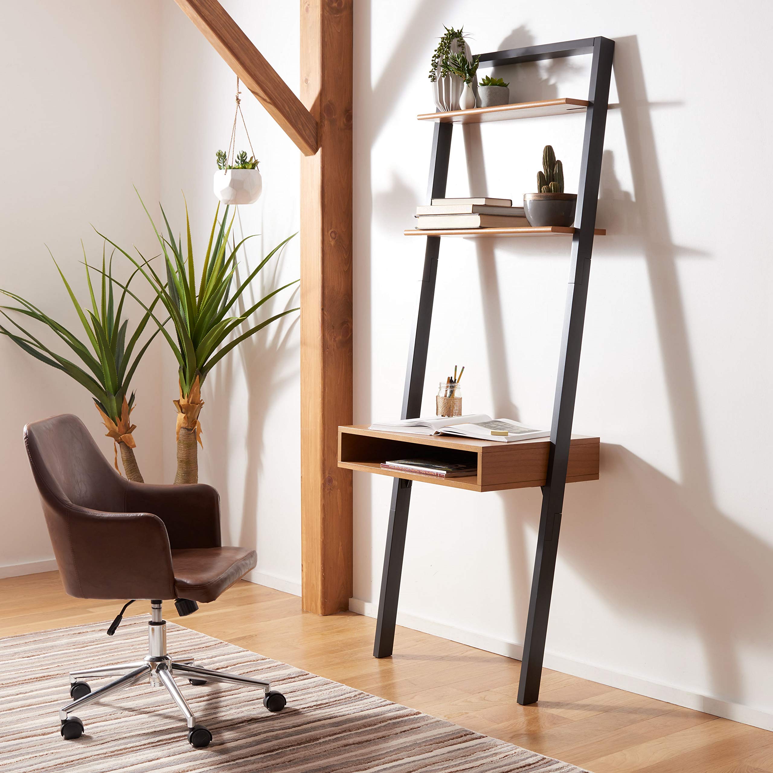 SAFAVIEH Home Collection Kamy Natural and Charcoal 2-Shelf Leaning Desk - Modern Wooden Ladder Shelf for Home Office, Living Room & Bedroom Storage