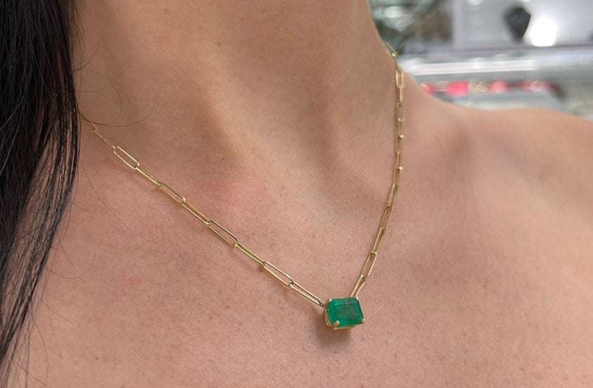 3.25 Carat East-West Emerald Paper Clip Necklace in 14K Gold - Elegant Deep Green Gemstone Jewelry for Women, Perfect for Weddings, Parties & Special Occasions