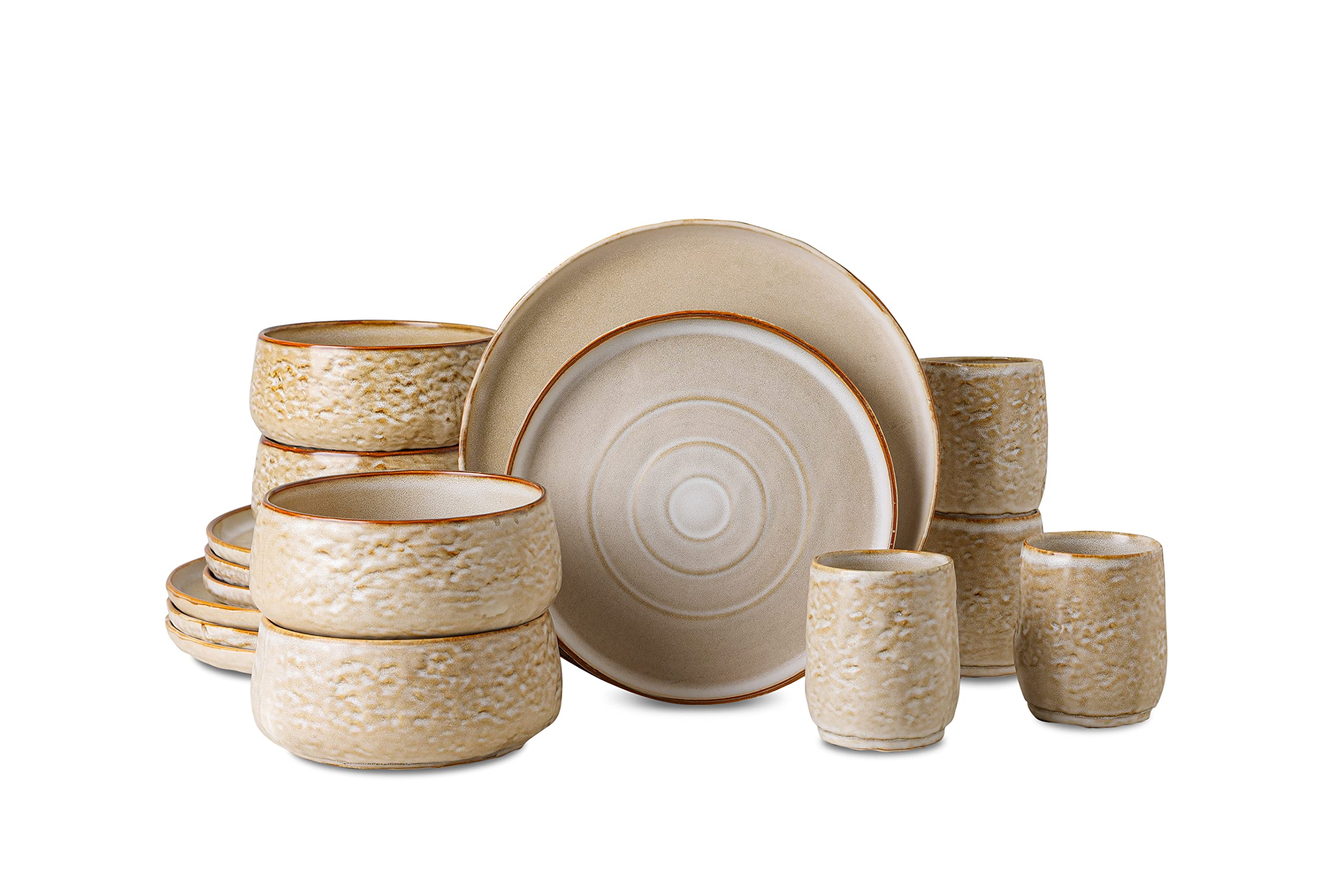 Mercer Project SHOSAI 16-Piece Stoneware Dinnerware Set - Modern Plates & Bowls for 4, Sand-Colored Durable Dishware | Perfect for Family Dinners, Entertaining Guests & Restaurant-Style Dining