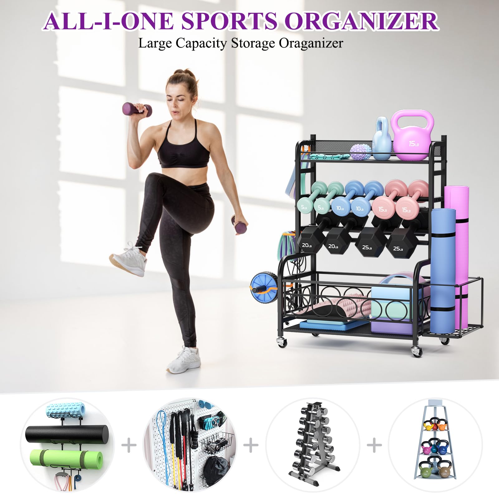 VOPEAK Heavy Duty Dumbbell Rack with Wheels - Adjustable Weight Stand for Home Gym Storage, Organizer for Dumbbells, Kettlebells, Yoga Mats & Strength Training Equipment - Perfect for Garage, Basement & Fitness Room Organization