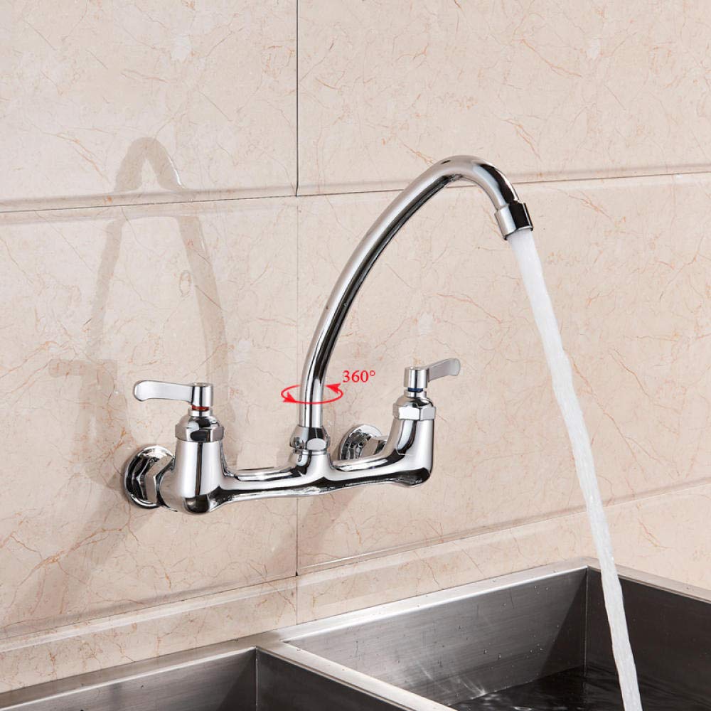 360° Swivel Chrome Wall Mounted Kitchen Faucet - Dual Handle Hot & Cold Water Mixer Tap with Goose Neck Spout for Modern Kitchen Sink
