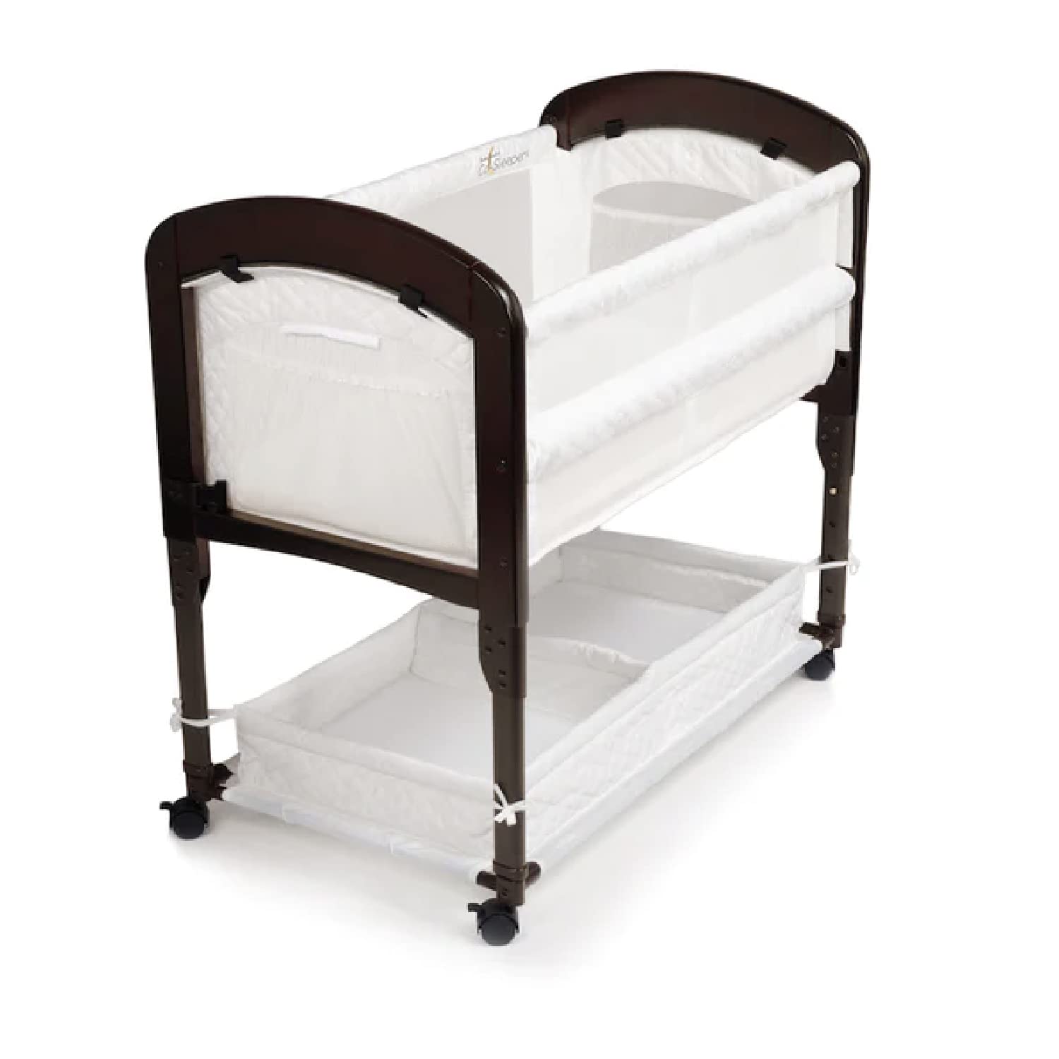 Arm’s Reach Cambria Co-Sleeper Bedside Bassinet - Adjustable Height, Breathable Mesh Sides with Storage Pockets & Large Basket, Espresso/White - Perfect for Newborns & Safe Co-Sleeping in Nursery or Master Bedroom
