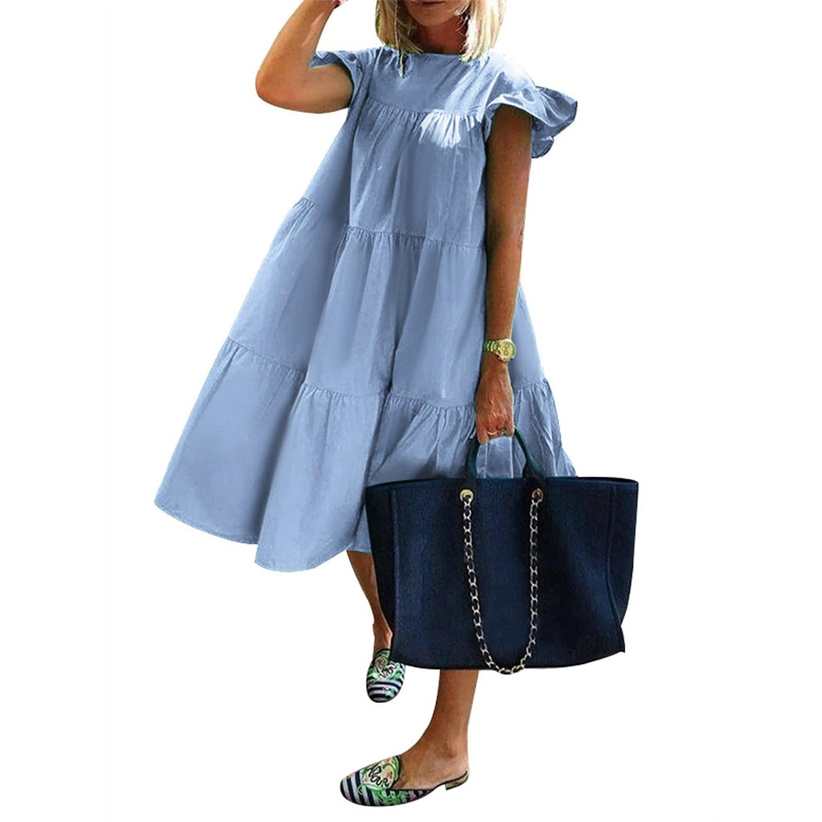 YUTANRAL Women's Flowy Summer Dresses 2024 - Trendy Plus Size Ruffle A-Line Babydoll Mini Dress with Cap Sleeves | Light Blue Casual Beach Sundress & Vacation Cover Up | Perfect for Pool Parties, Date Nights & Summer Outings (Size M)