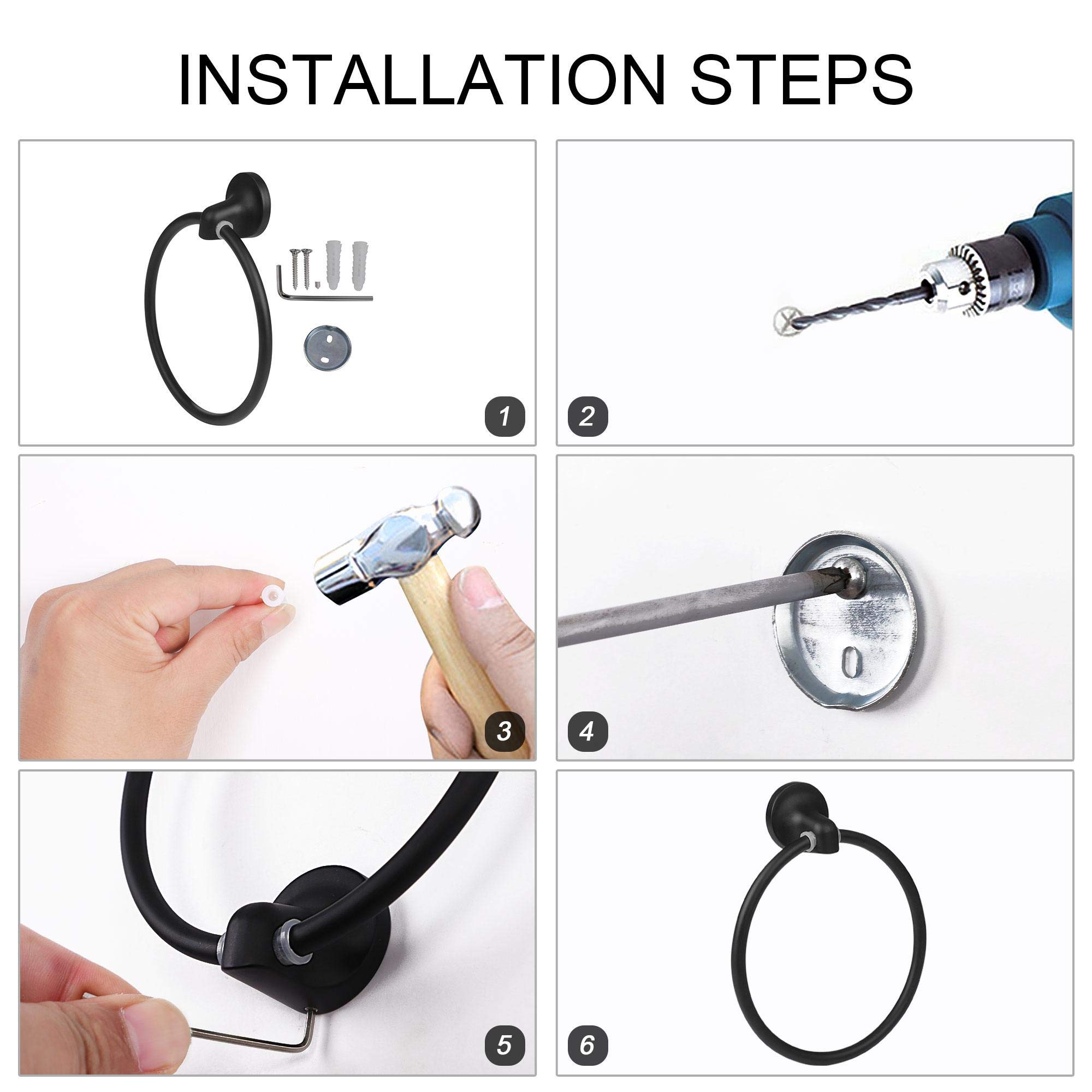 uxcell Matte Black Stainless Steel Towel Ring Holder - Wall Mount Bathroom Towel Rack for Hand & Kitchen Towels - Durable Bath Accessory for Home & Hotel Use