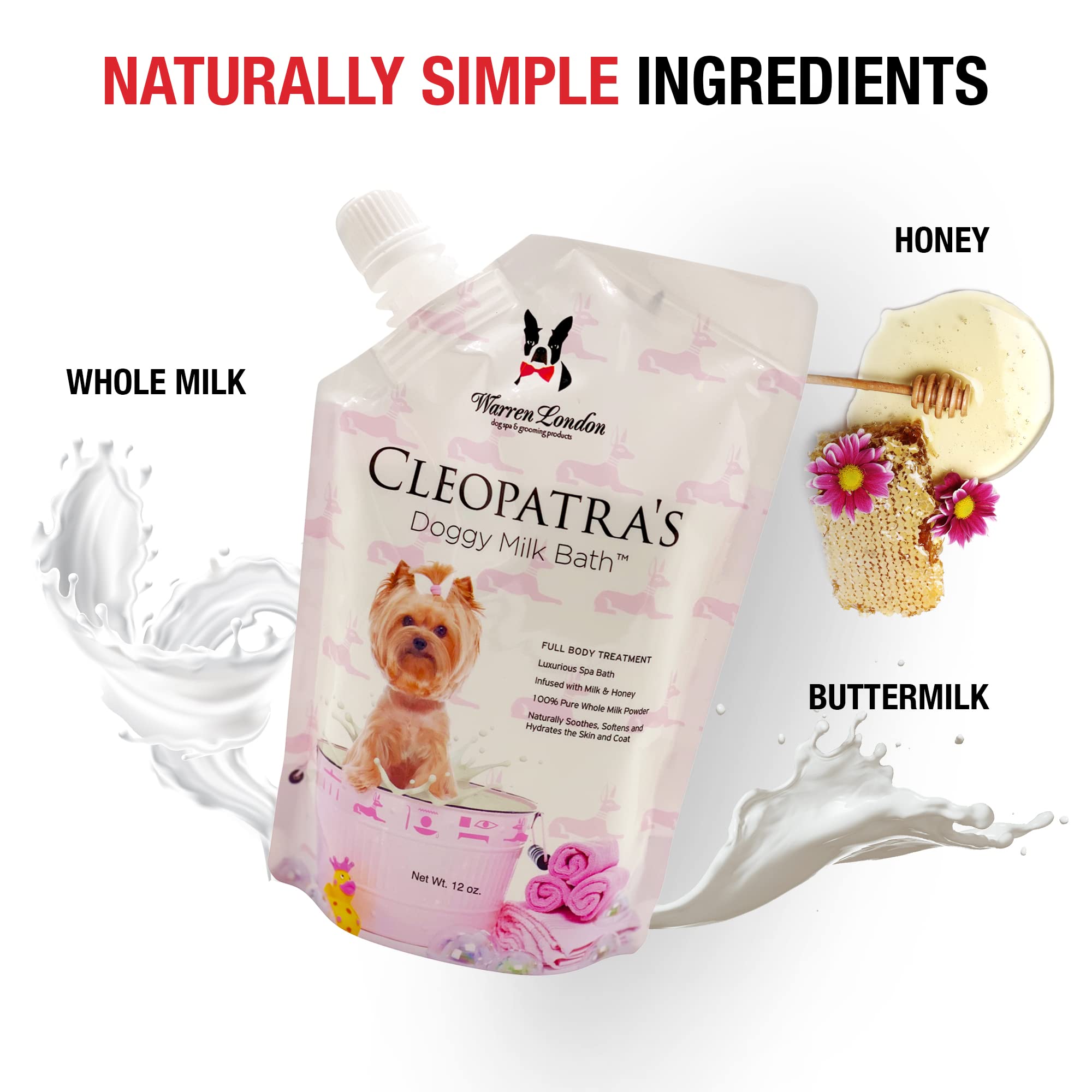 Warren London Cleopatra's Doggy Milk Bath 32oz - Luxurious Dog Shampoo & Conditioner with Whole Milk Powder & Honey for Silky Smooth Coat | Full Bath Soak or Spray-On Shampoo for Dogs | Perfect for Grooming, Dry Skin Relief & Spa Day at Home
