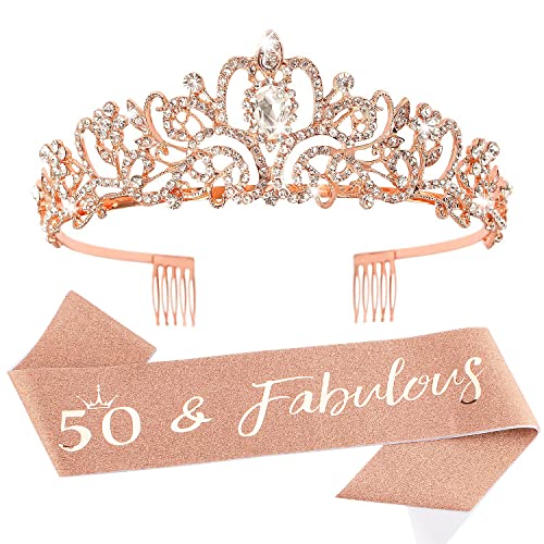 Rose Gold 50th Birthday Sash & Tiara Set for Women - Elegant 50th Birthday Party Decorations & Gifts - Perfect for Milestone Celebrations, Birthday Parties & Photo Shoots