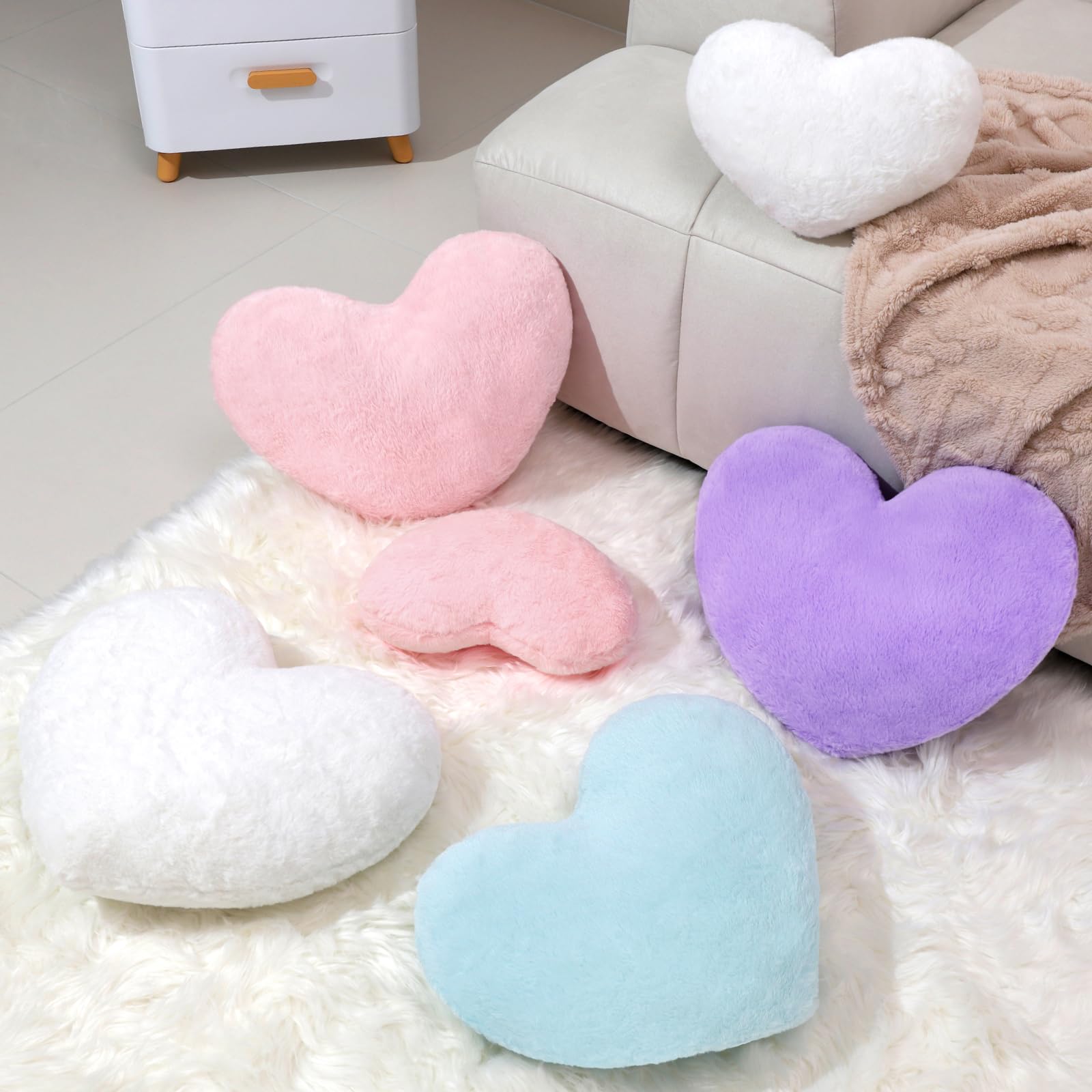 Soft Faux Rabbit Fur Heart Shaped Pillow - White Mini Cushion for Bed, Sofa & Couch Decor (12.9