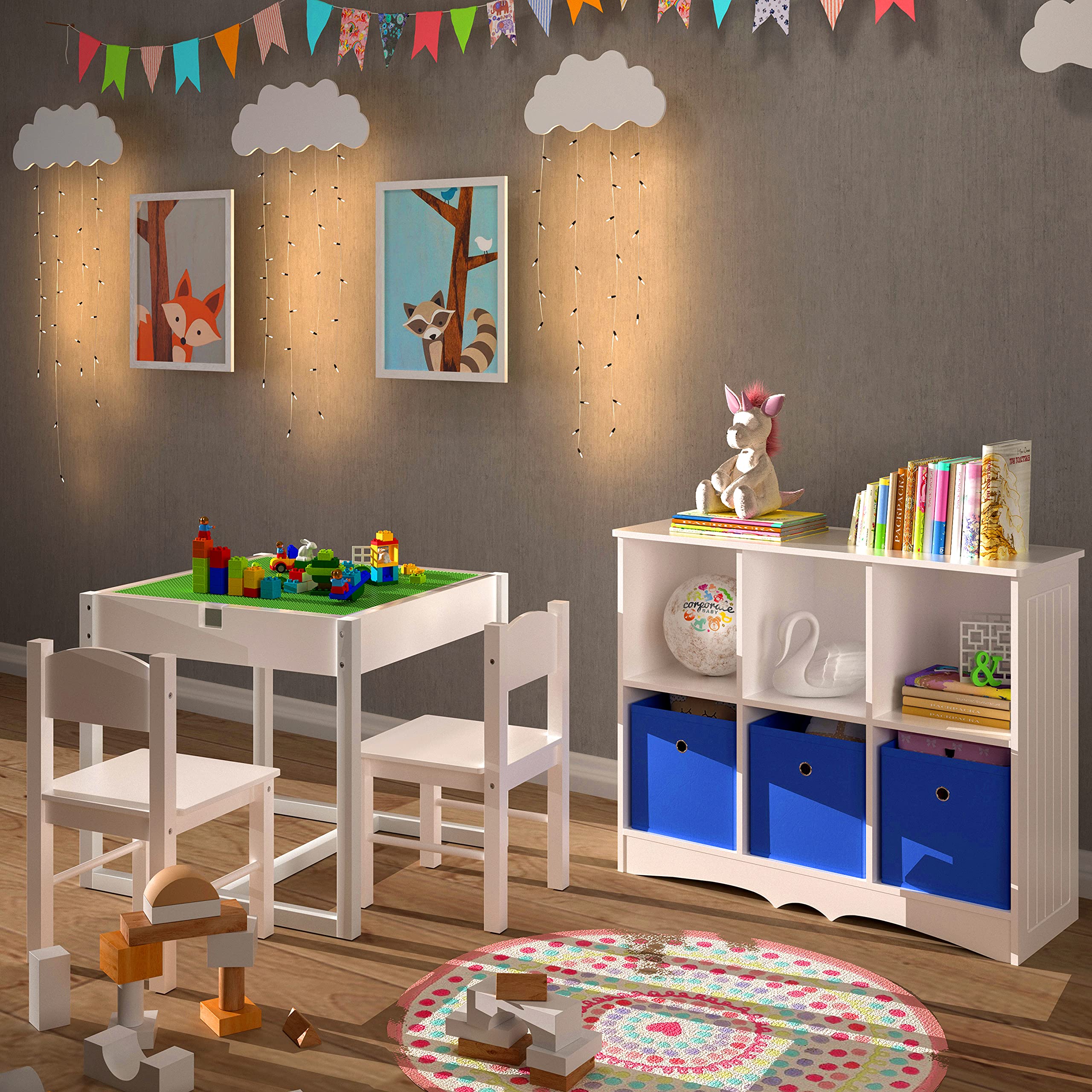 4NM 3-in-1 Kids Table and Chairs Set for Toddlers Ages 3-7 - Wooden Play Activity Table with Hidden Storage, Building Block Desk - White & Green - Perfect for Playroom, Preschool Learning, and Creative Activities