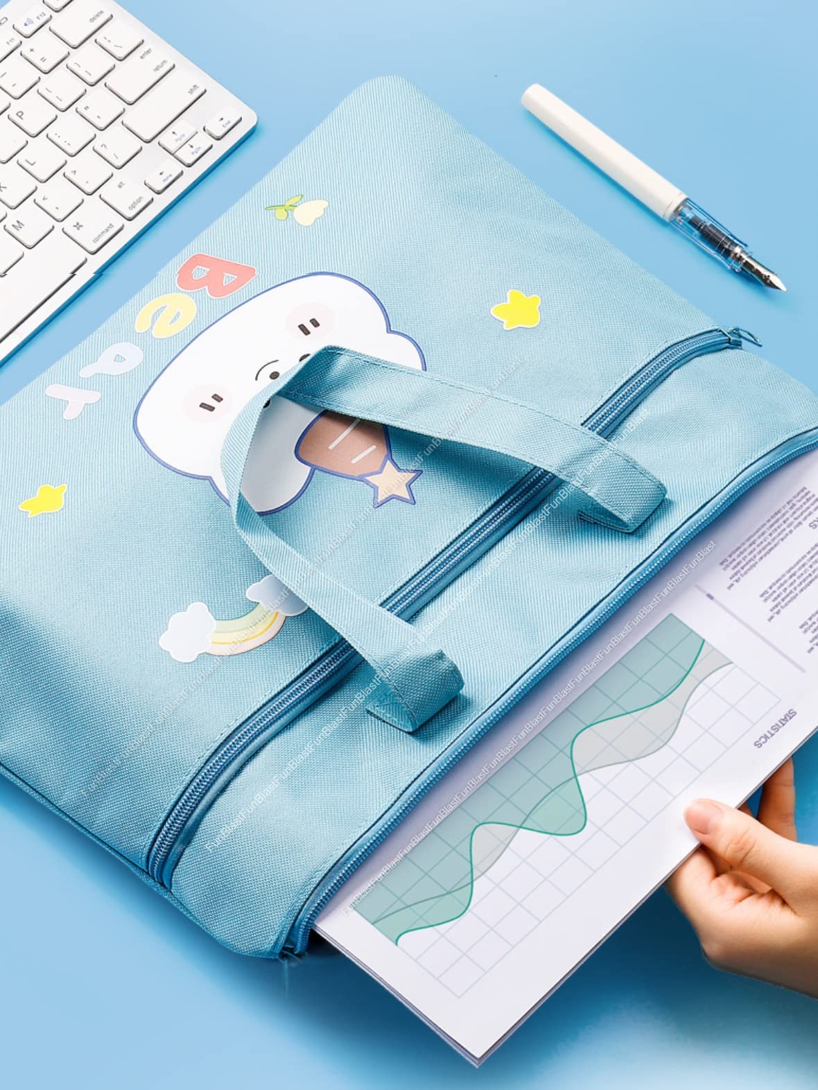 FunBlast Cute Cartoon Print Canvas Tote Bag - Multi-Purpose Double Layer Zipper Travel Bag for Men & Women - Perfect for Shopping, Work, Gym & Beach (Blue, Unisex-Adult)