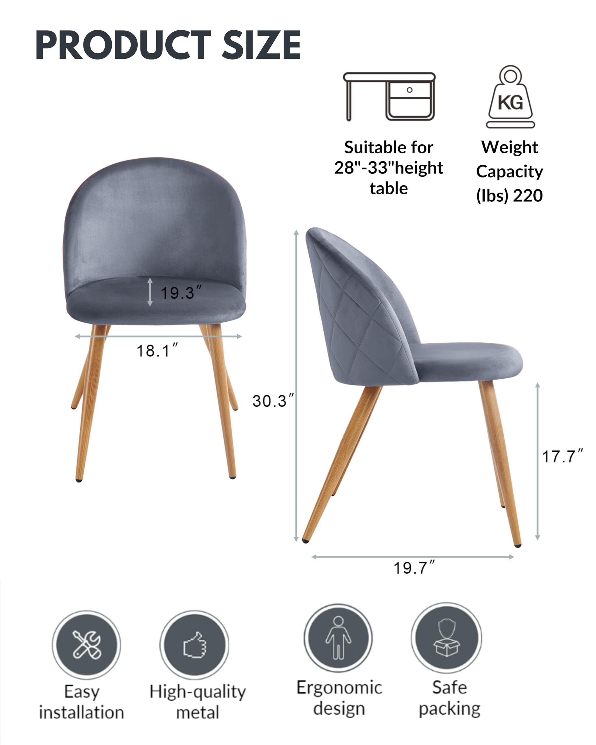 FurnitureR Velvet Dining Chairs Set of 2 - Modern Mid Century Kitchen & Living Room Accent Chairs with Metal Legs, Grey - Perfect for Dining Rooms, Breakfast Nooks & Home Decor (2PCS)