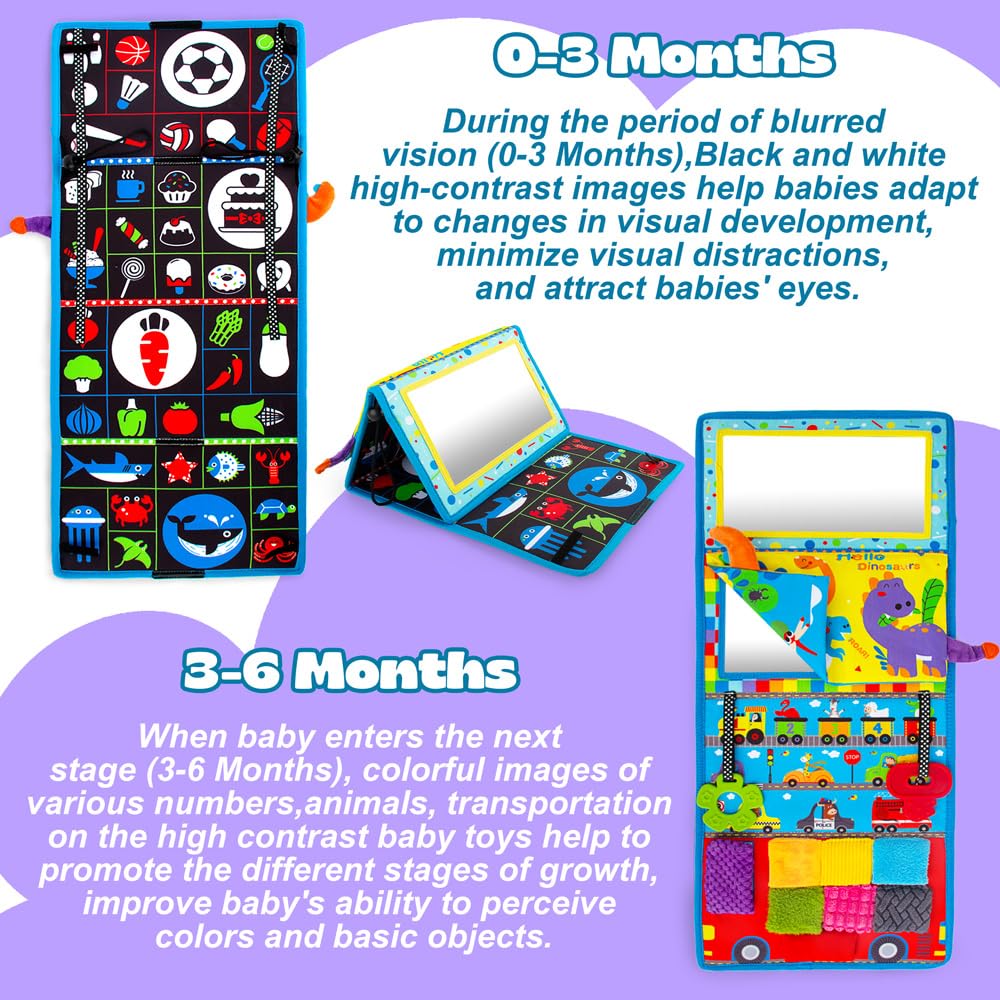Best Tummy Time Mirror Toys for Babies 0-6 Months - Soft Crinkle Book & High Contrast Black & White Infant Toys for Brain Development - Montessori Sensory Crawling Toys with Textures - Perfect for Newborn Playtime, Floor Activities & Early Learning Stimulation