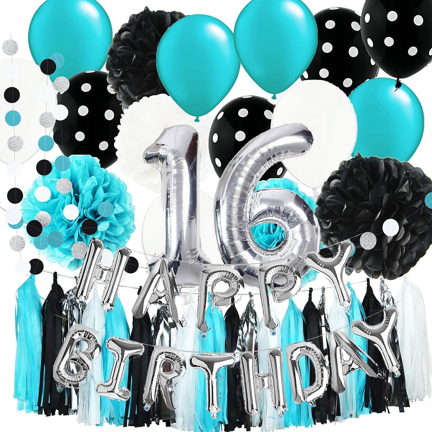 Sweet 16 Birthday Party Decorations - Turquoise, Silver & Black Polka Dot Balloons & Party Supplies for Girls | 16th Birthday Decor | Teen Party Decorations for Home, School Dances & Milestone Celebrations