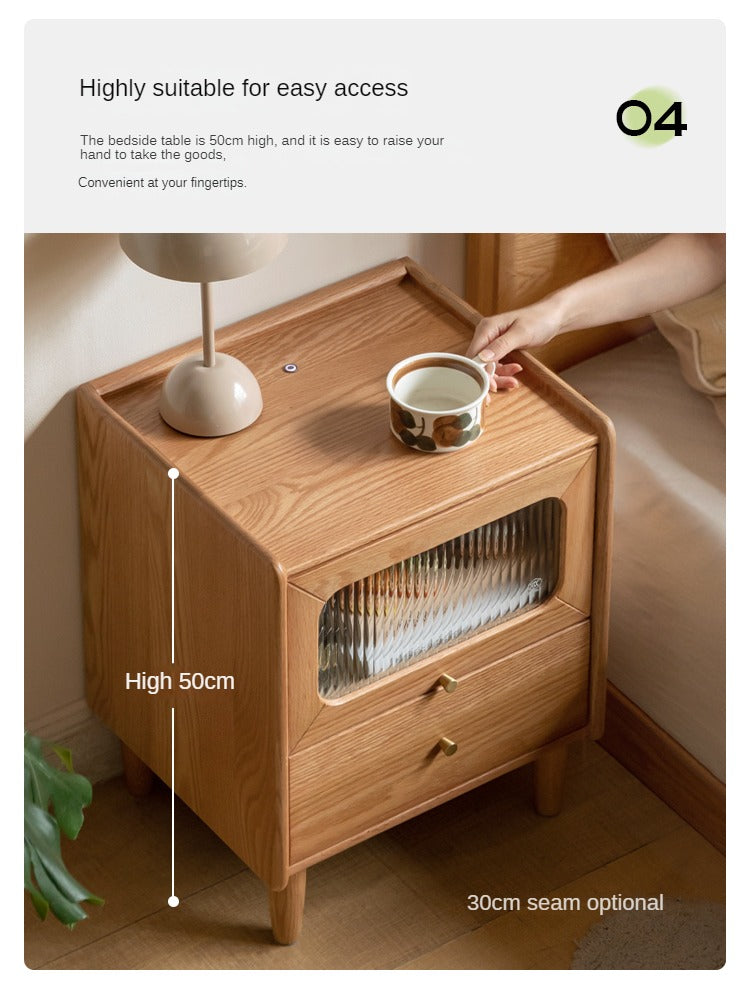 Solid Oak Wood Nightstand with Built-in LED Light - Modern Bedside Table for Bedroom, Living Room, or Office