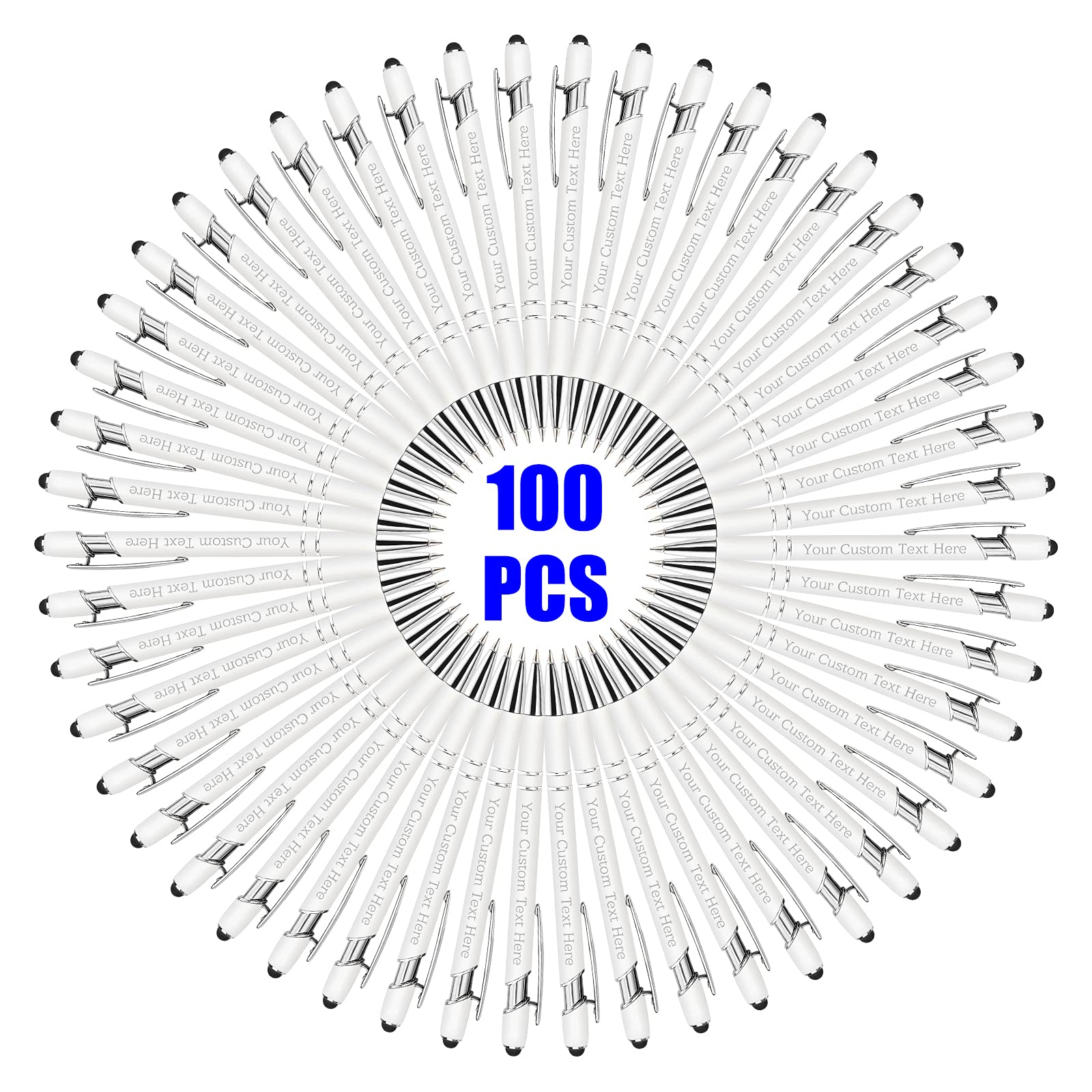 100 Pcs Personalized Custom Pens Bulk - Free Engraving with Name/Message - Custom Ballpoint Pens & Stylus for Business, Office, Graduation - Perfect Customized Gifts for Men & Women (Christmas, Birthday, Corporate Events) - Ideal for Branding, Promotions, Weddings & Special Occasions (White)