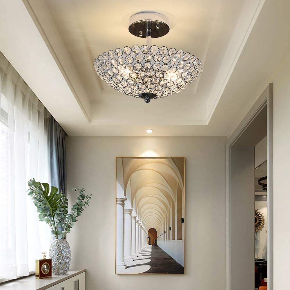 Modern Elegant Crystal Ceiling Light Fixture - 2-Light Bowl Chandelier with K9 Crystal Beads, Luxurious Semi-Flush Mount Lighting for Living Room, Bedroom, Dining Room - Perfect for Home Decor & Interior Design