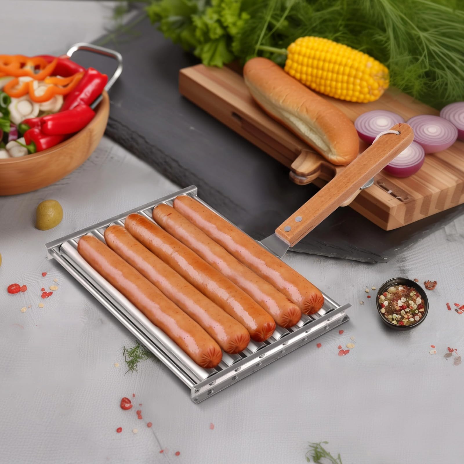 2PCS Stainless Steel Hot Dog Roller Grill with 6PCS BBQ Skewers & Sauce Brush - 9.4 x 7.1 Inch BBQ Sausage Roller Rack with Wood Handle, Perfect for Backyard Grilling, Camping, and Outdoor Barbecue Parties