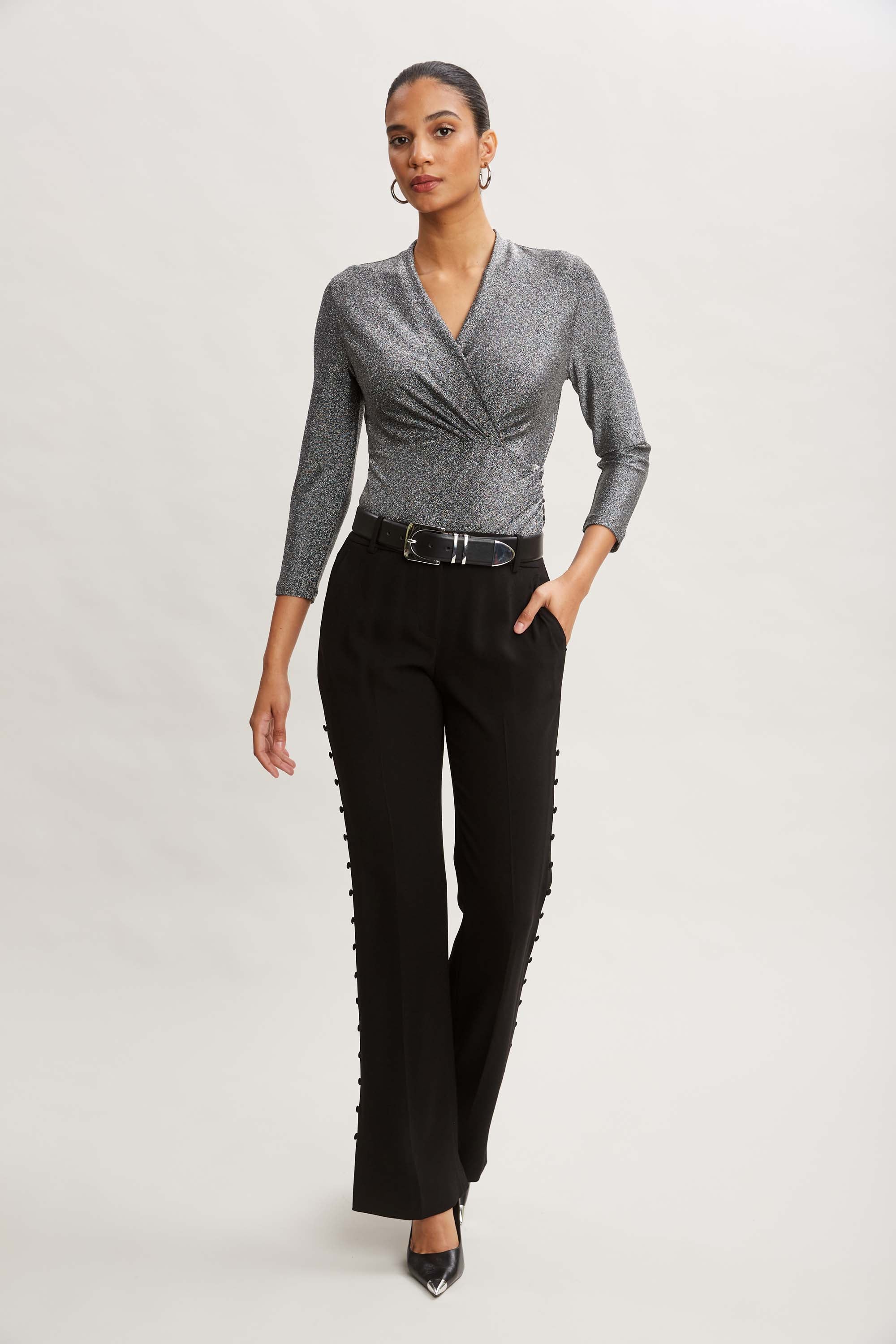 Metallic Ruched Knit Top - Elegant Shiny Stretchable Women's Blouse for Party, Date Night & Office Wear