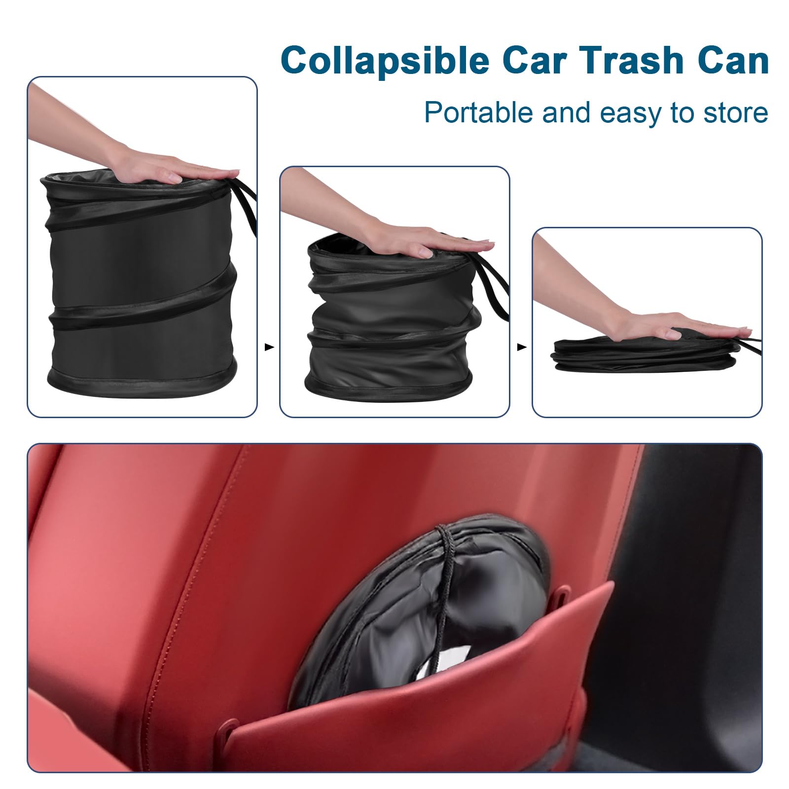 Large Pop-Up Collapsible Car Trash Can with Elastic Band & Velcro - Double Layer Washable Car Garbage Bin for Sedans, SUVs & Road Trips - Perfect for Snack Wrappers, Tissues & Car Trash Organization