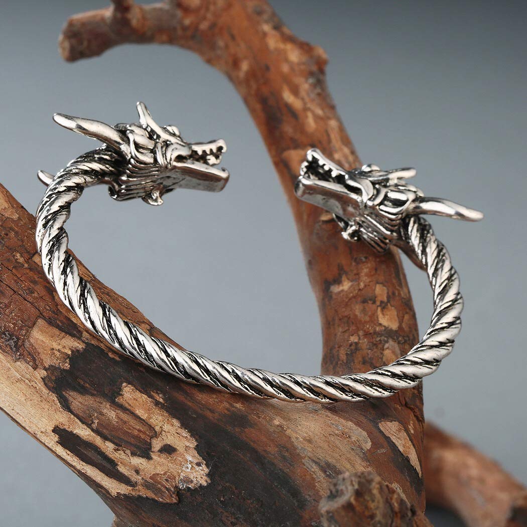 AILUOR Men's Viking Dragon Cuff Bracelet - Adjustable Norse Pagan Jewelry for Men in Gold & Silver - Cool Polished Twisted Arm Ring Bangle for Viking LARP, Cosplay & Medieval Fashion Accessories