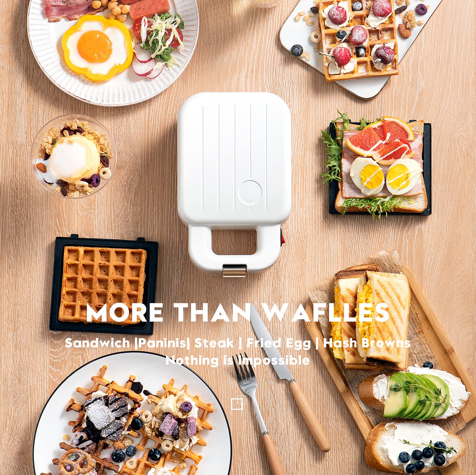 Mini Waffle Maker & 2-in-1 Sandwich Panini Press Grill with Removable Non-Stick Plates, Indicator Lights & Cool-Touch Handle - Perfect for Breakfast, Snacks & Quick Meals (Red)