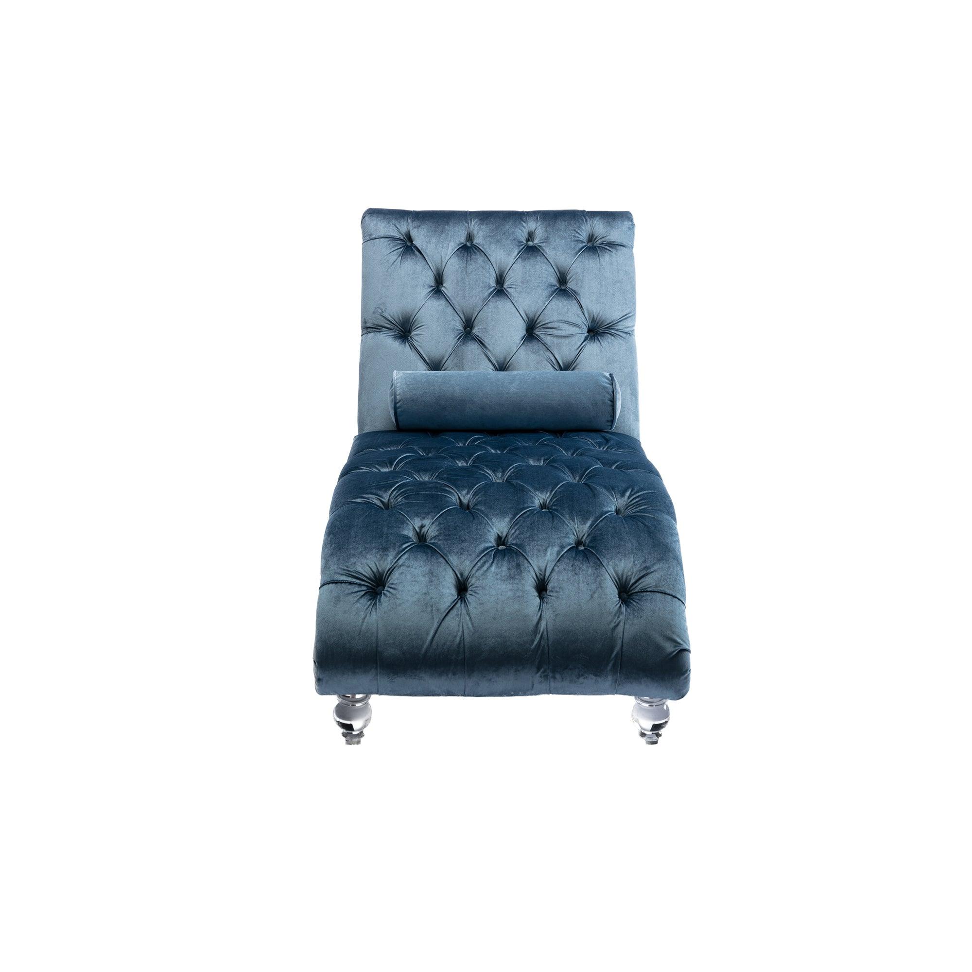 Luxury Velvet Chaise Lounge Chair - Button Tufted Upholstered Sofa with Pillow for Bedroom, Living Room & Office - Light Blue Velvet - Perfect for Relaxing, Reading & Home Decor