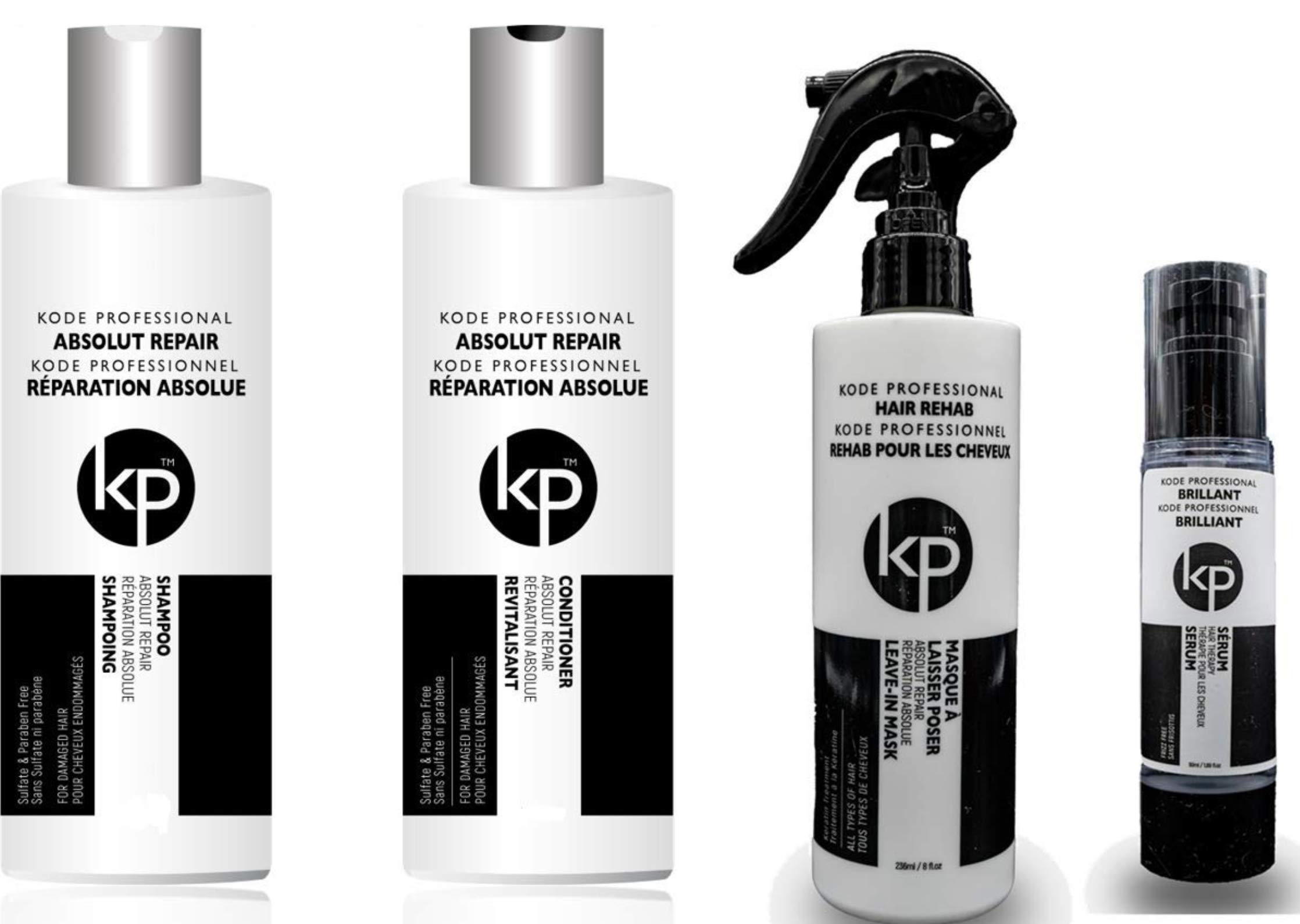 4PC Hair Repair Bundle: Kode Professional Absolut Repair Shampoo & Conditioner Set with 8oz Hair Rehab + 50ml Brilliant Serum - Damaged Hair Treatment Kit for Dry, Frizzy Hair - Salon Quality Hair Care at Home