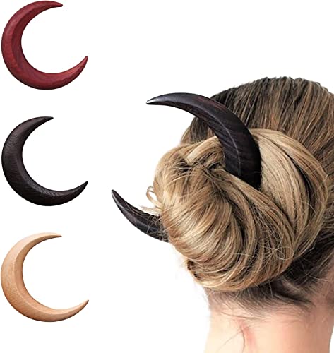 Hand Carved Wooden Crescent Moon Hair Fork for Women - Long Hair Sticks & Hairpins - Natural Wood Hair Accessories for Thick Hair (2.95 Inch, Red) | Perfect for Boho, Wedding & Festival Hairstyles