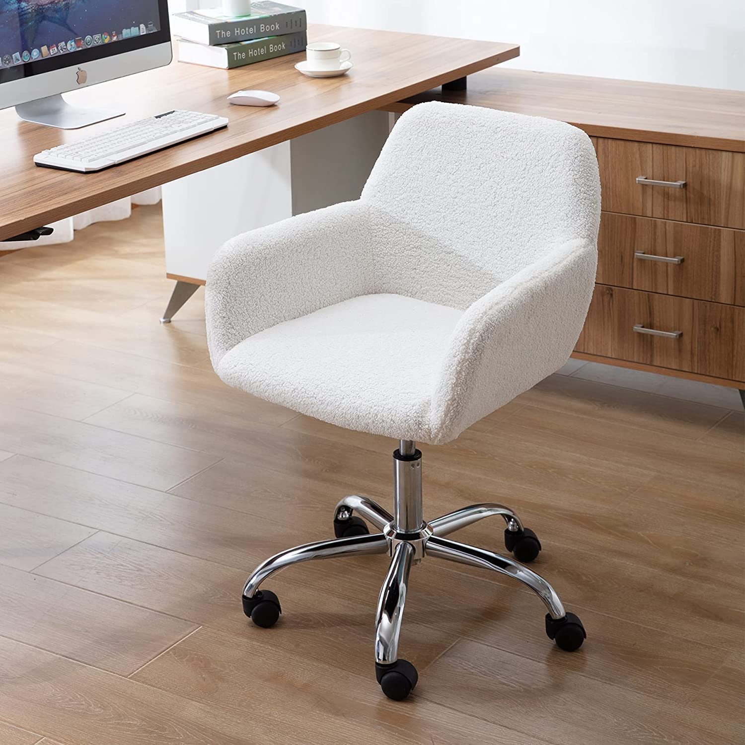 Luxury Faux Fur Office Chair for Women - Modern Accent Chair with Rolling Wheels & Armrest - Soft Fluffy Makeup Vanity Chair for Bedroom, Living Room & Home Office - White (Perfect for Work, Study & Beauty Routine)