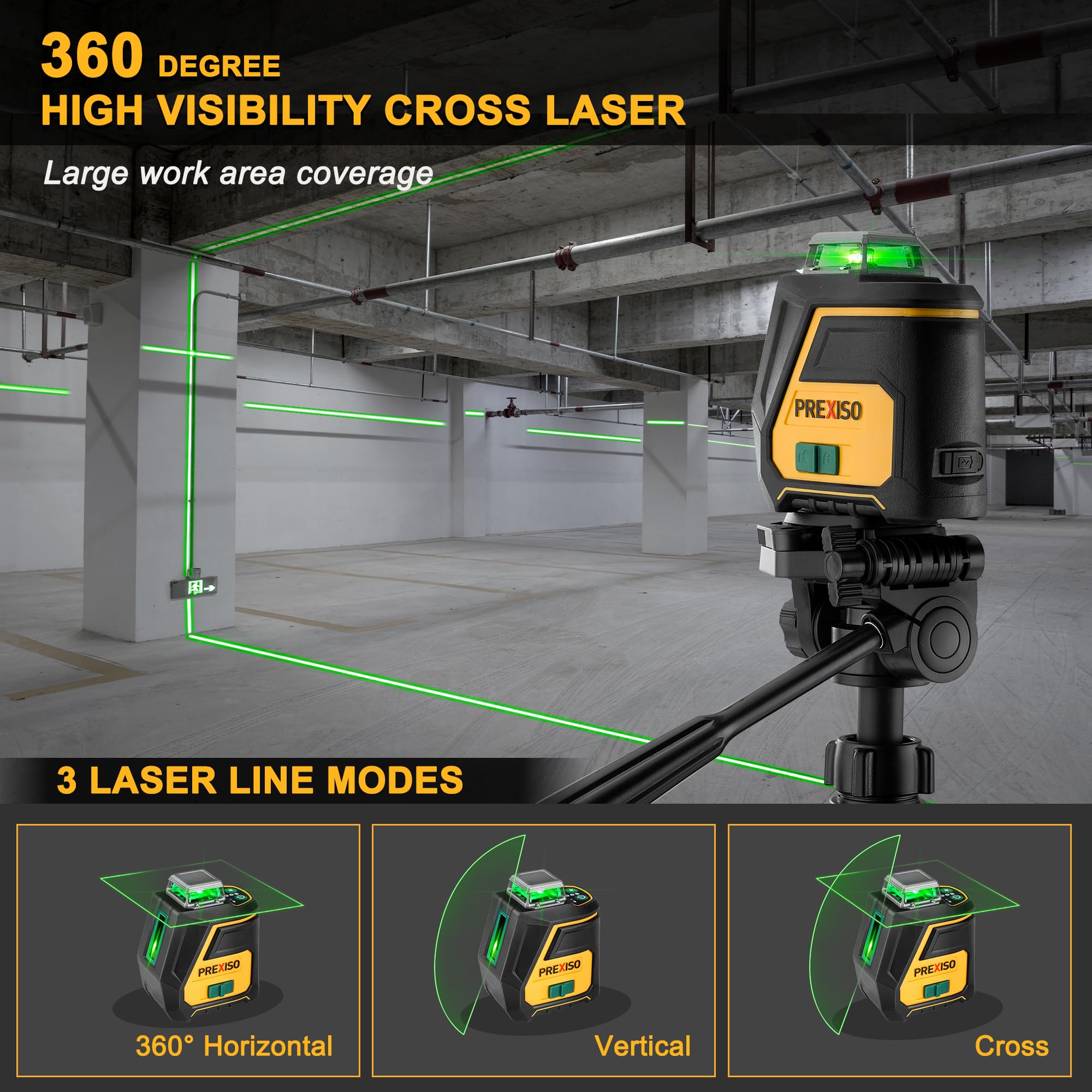 PREXISO 360° Self-Leveling Green Laser Level with Tripod - IP54 Waterproof Rechargeable Cross Line Laser, 100Ft Range & 3 Brightness Adjustments for Construction, Floor Tiling, Wall Alignment - Perfect for Home Renovation, DIY Projects and Professional Building Work