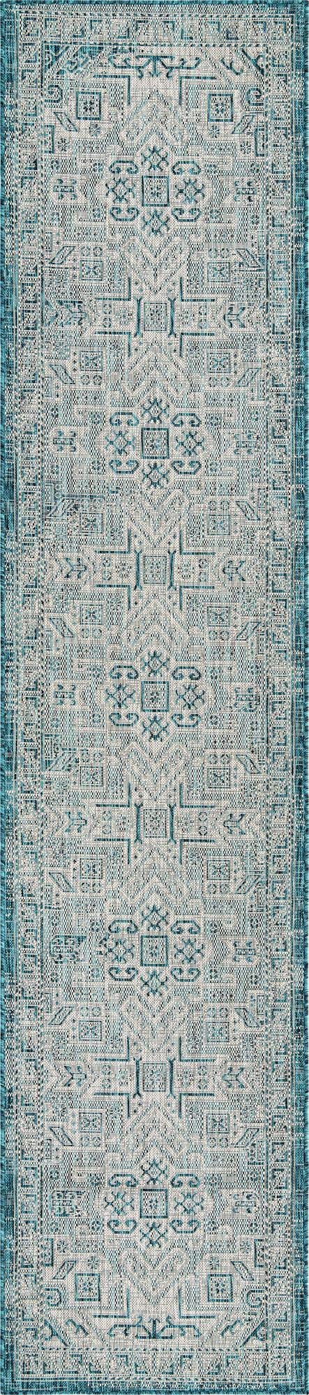 Premium 12 Ft Teal Aztec Flatweave Outdoor Runner Rug - Non-Slip Durable for Hallways, Entryways, Patios & Decks - Waterproof & UV Resistant