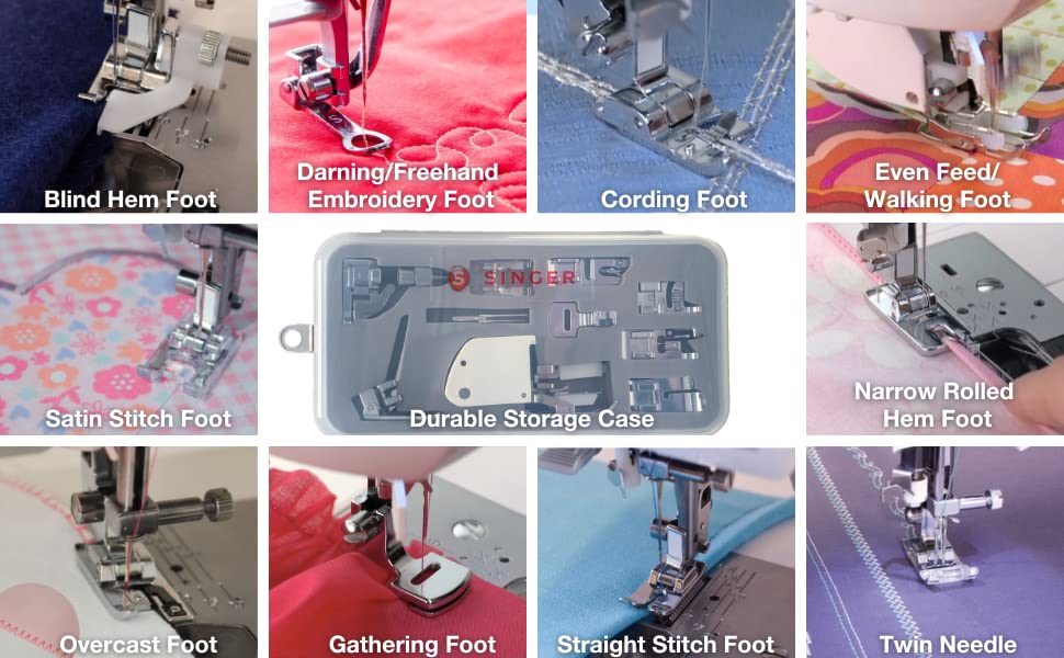 SINGER 9-Piece Presser Foot Sewing Machine Accessory Kit with Twin Needle - Universal Fit for Household & Multi-Function Sewing Machines - Clear Durable Storage Case - Perfect for Quilting, Mending, Patchwork, Dressmaking & DIY Sewing Projects