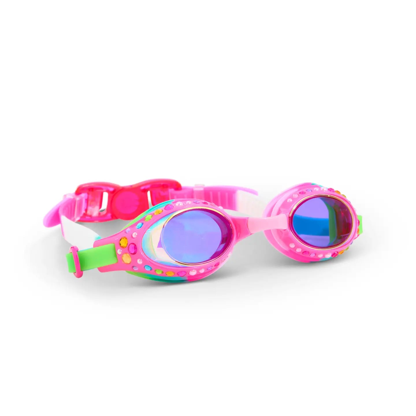 Bling2O Pink and Green Glimmering Gems Kids Swim Goggles - UV Protection, Anti-Fog for Pool, Beach & Summer Water Activities