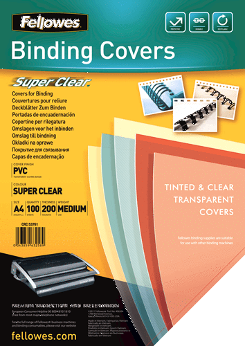 Fellowes A4 Clear Binding Covers 200 Micron - 100 Pack for Office Documents, Reports, and Presentations | Durable Plastic Sheet Protectors for Professional Use