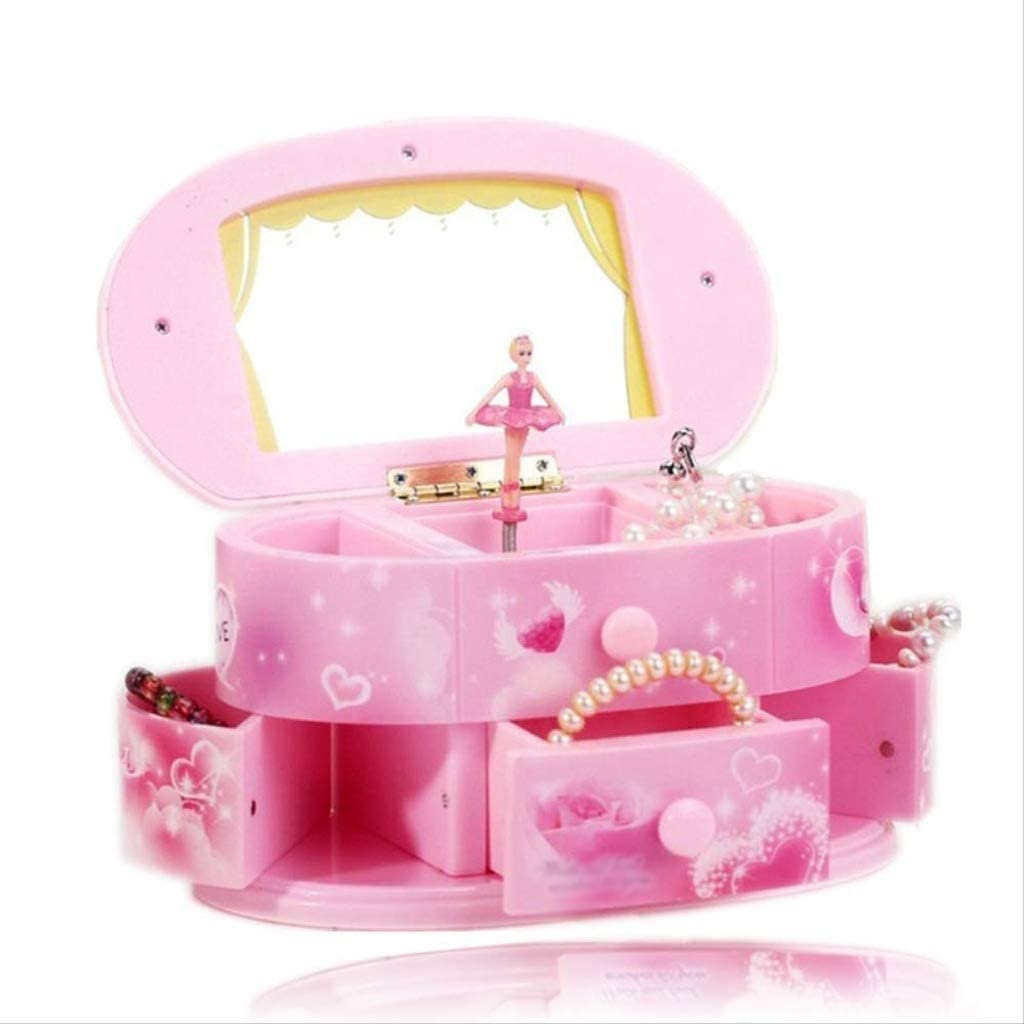 Princess Style Musical Jewelry Box for Girls - Pink Round Ballerina Jewelry Organizer with Mirror & 3 Pullout Drawers - Perfect for Birthday Gifts, Room Decor & Jewelry Storage
