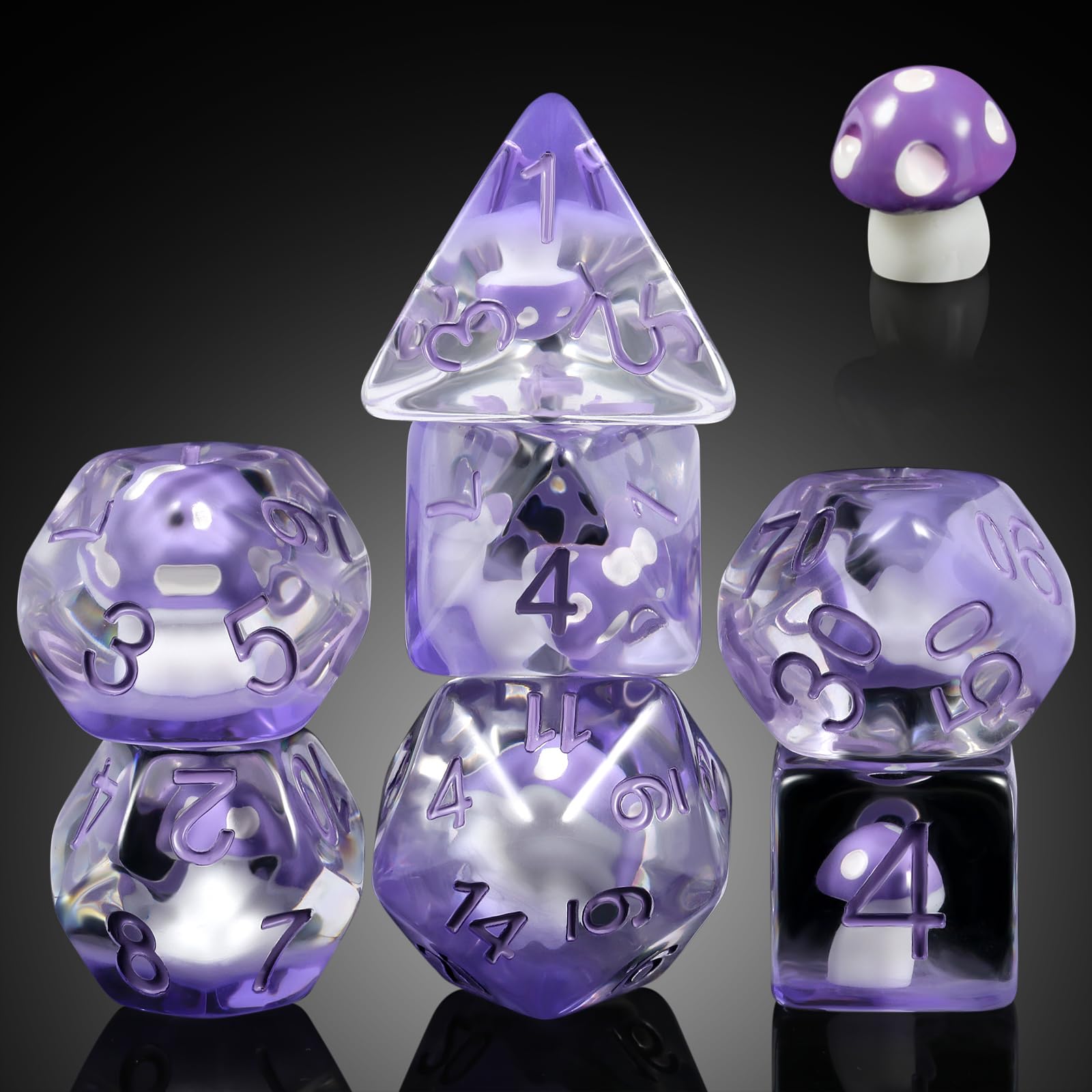 7PCS Purple Mushroom Resin Dice Set for D&D, Dungeons & Dragons, DNDND - RPG Tabletop Games with Velvet Gift Bag - Perfect for Fantasy Role-Playing & Board Game Nights