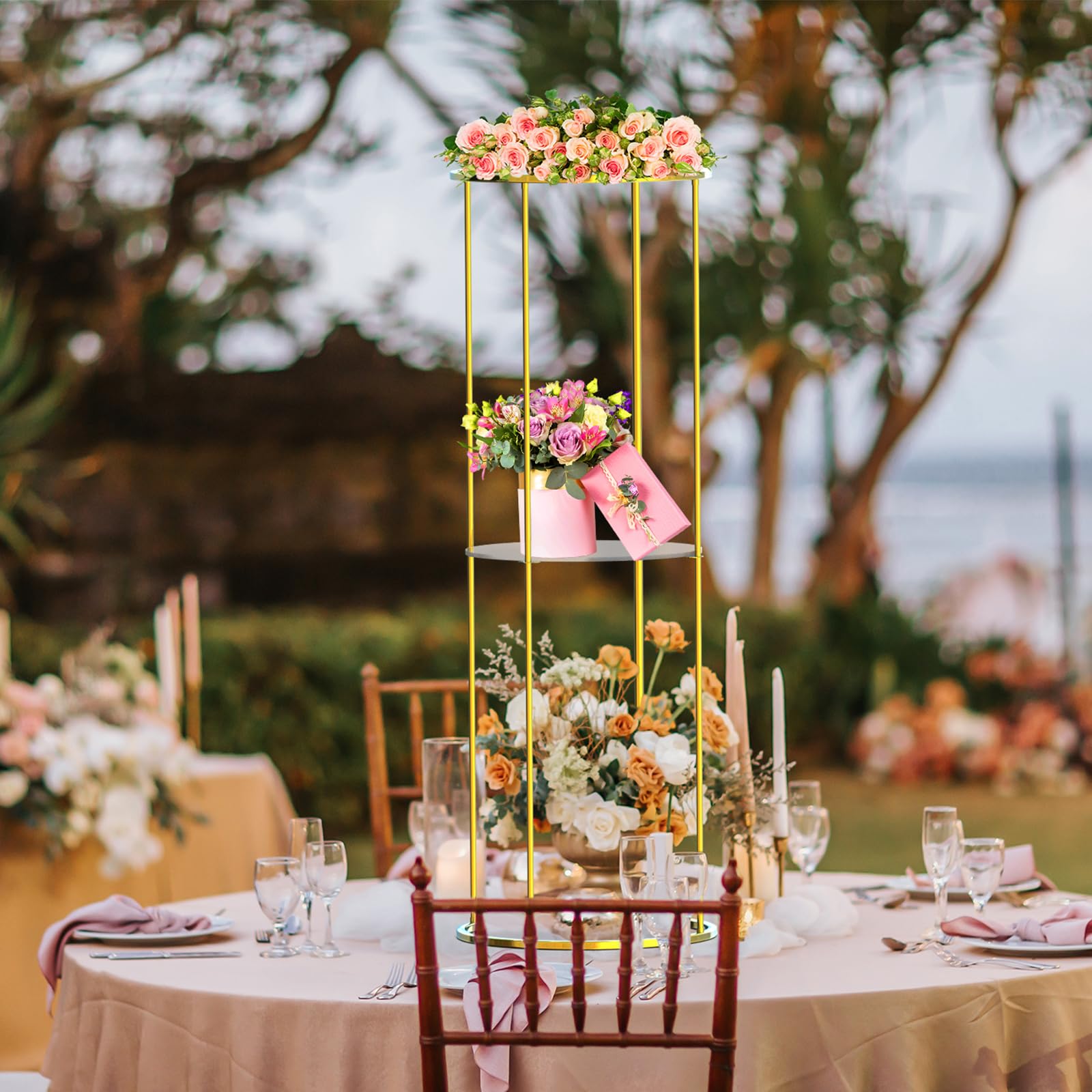 3-Piece Gold Metal Cylinder Stands for Party Display - Double Panel Round Pedestal Table, Plant Stand for Planter Flower - Perfect for Living Room Centerpieces, Wedding Decor & Event Displays