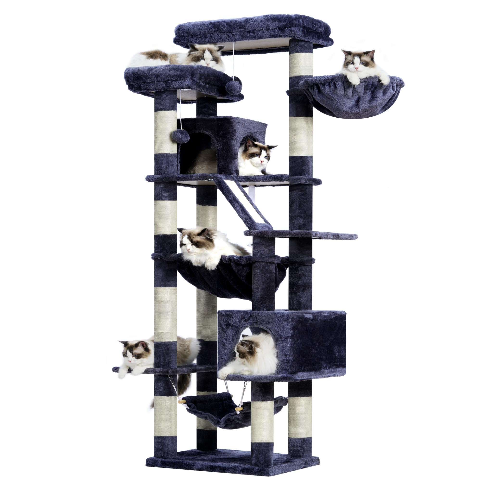 Heybly 71-Inch Tall Cat Tree for Indoor Cats - 2 Perches, 2 Large Condos, 2 Hammocks, Basket & Scratching Pad - Durable Cat Furniture Tower in Smoky Gray (HCT034G) - Perfect for Play, Rest & Scratching in Living Rooms & Bedrooms