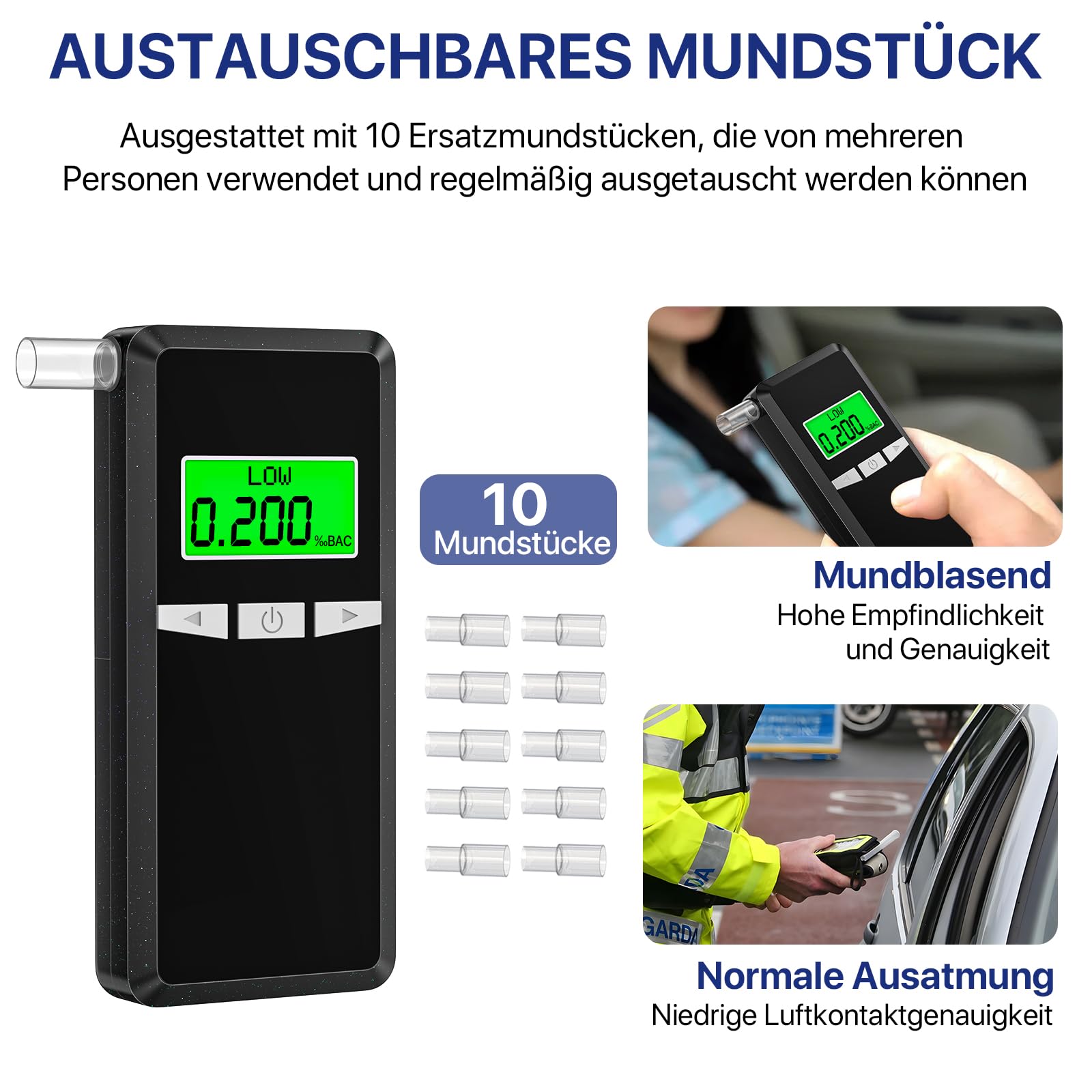 Upgraded High-Accuracy Digital Breathalyzer with Blue LCD Display - Professional Alcohol Tester for Home, Party, Workplace & Road Safety - Includes 10 Disposable Mouthpieces (Personal & Professional Use)