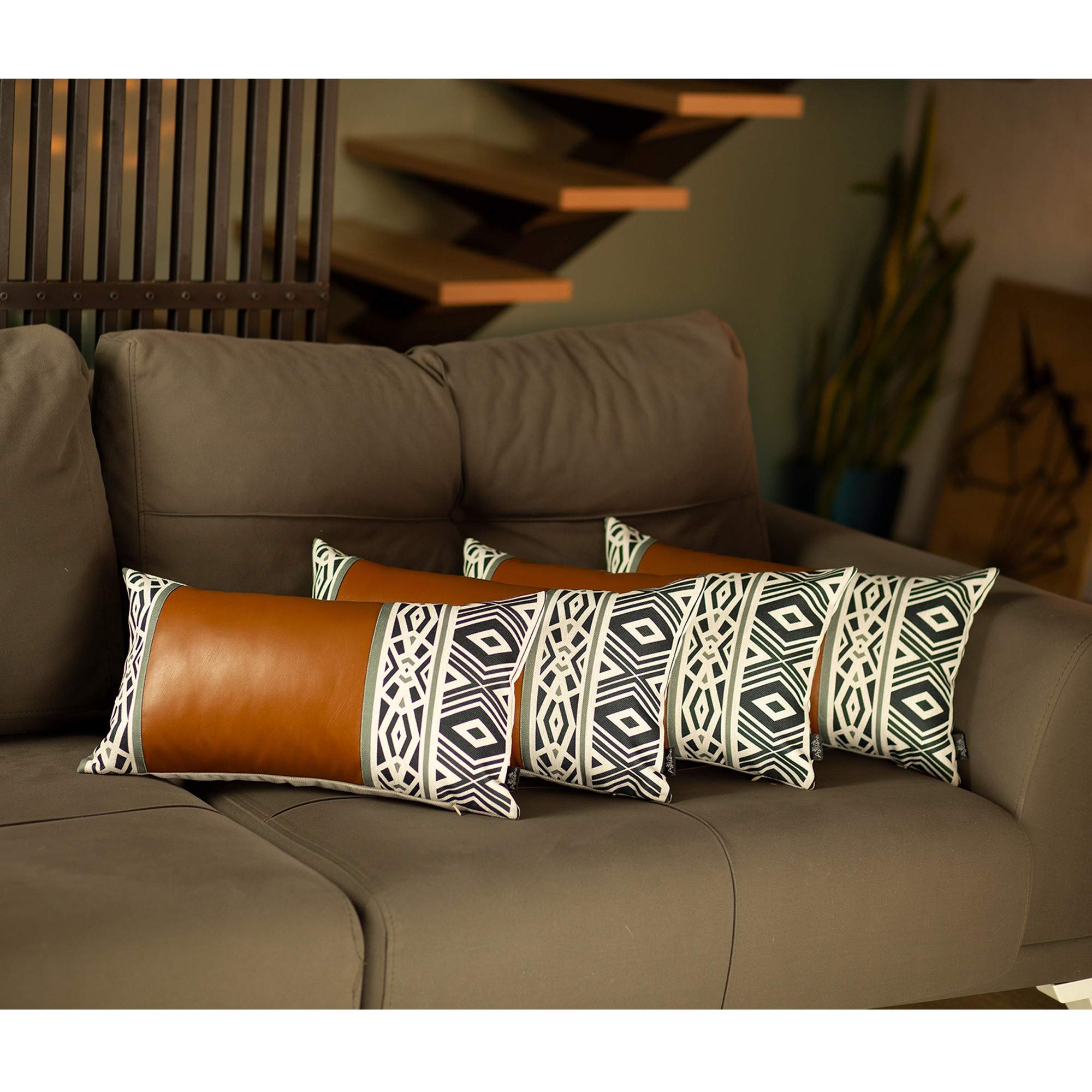 HomeRoots Brown Set of 4 Gray and White Geometric Faux Leather Lumbar Pillow Covers - Perfect for Sofa, Bed & Home Decor