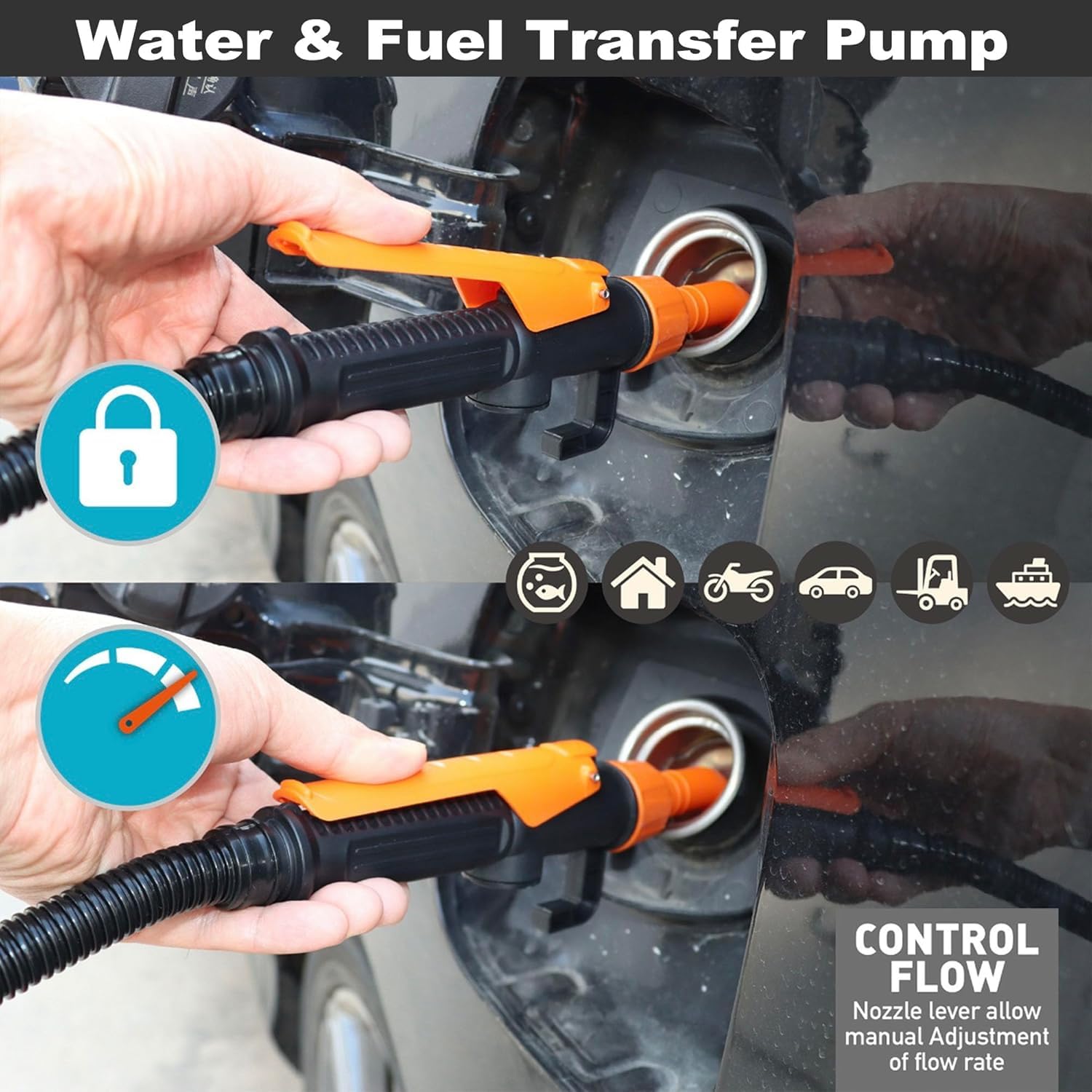 Portable Battery-Powered Gas Pump - 12V Electric Fuel Transfer Pump for Cars, Boats, Lawn Mowers - Compact & Safe Gas Can Pump with Auto Shutoff (Orange) - Perfect for Emergency Fuel Transfer, Garage Storage & Outdoor Activities