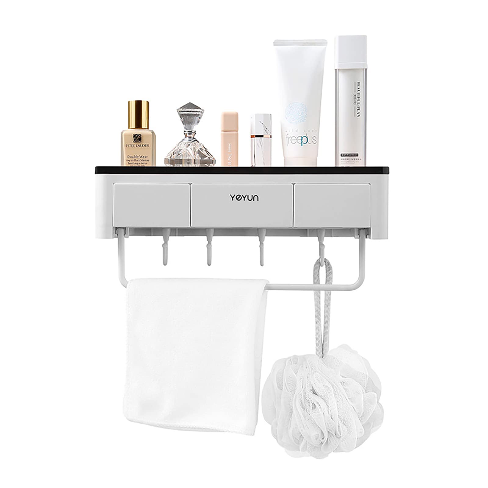 JMQN Modern Bathroom Wall Shelf with Drawer - Waterproof Plastic Wall Mounted Storage Organizer, No Drill Towel Rack & Sink Shelf for Bathroom Organization (White) - Perfect for Small Bathrooms, Apartments & Vanity Storage