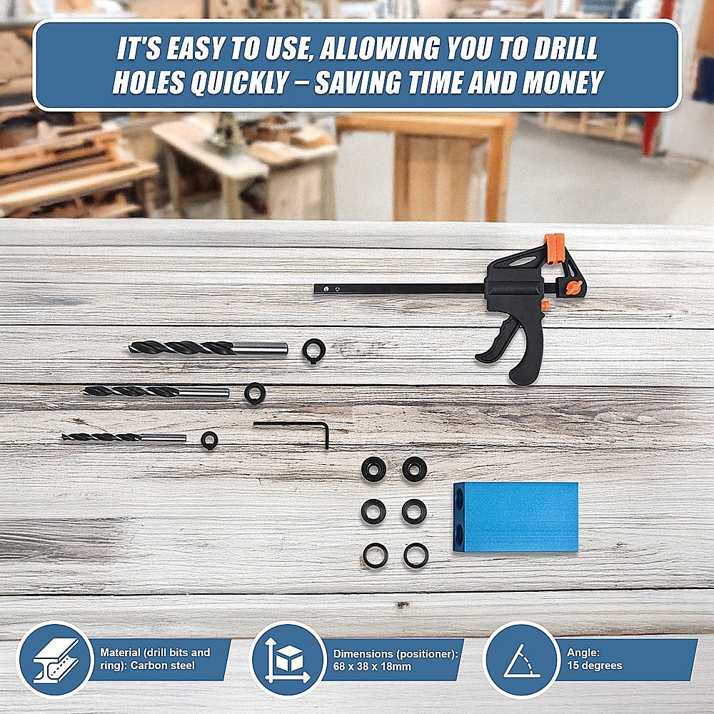 14X Pocket Hole Jig Kit - Professional Woodworking Drill Guide with Hole Locator & F Clips for DIY Projects, Furniture Making, and Carpentry Work