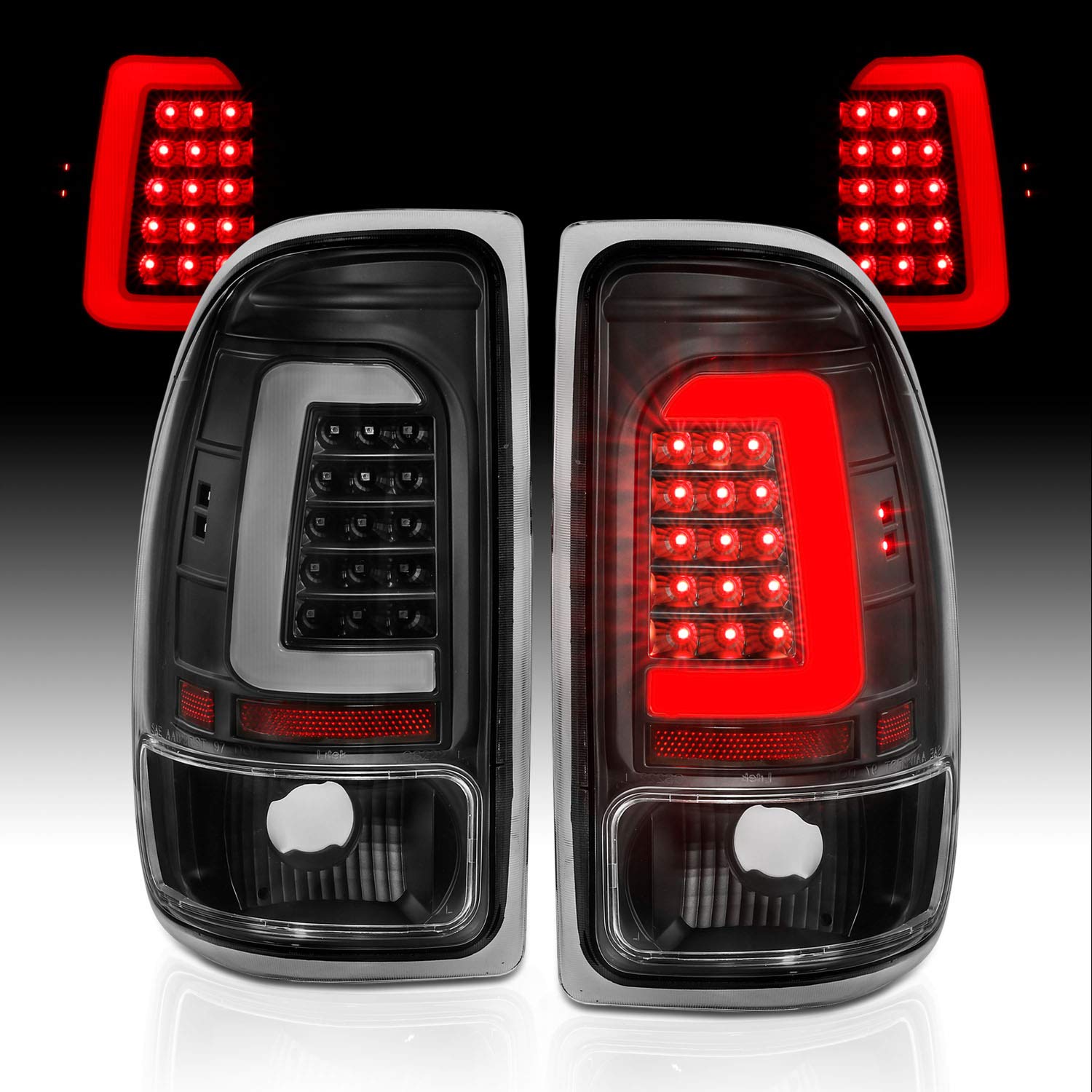 1997-2004 Dodge Dakota C-Type LED Tail Lights Brake Lamps Set - Black Halogen Replacement for Crew Cab (Passenger & Driver Side) | Durable Vehicle Light Assembly for Night Driving & Enhanced Safety