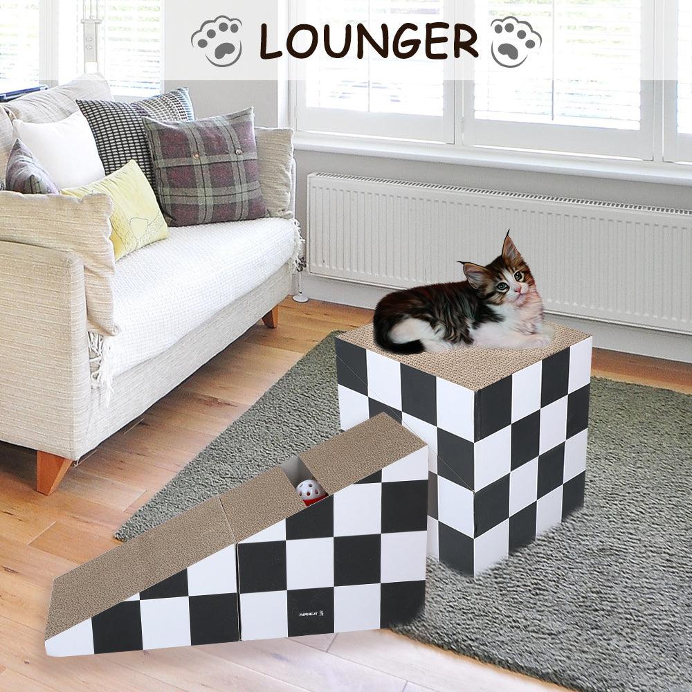 Durable Cat Scratching Board with Ball - 2-in-1 Triangle Cardboard Scratcher & Lounge Bed for Cats - Multiple Scratching Angles, Recyclable Furniture Protector (Black & White) - Perfect for Indoor Play & Sofa Protection