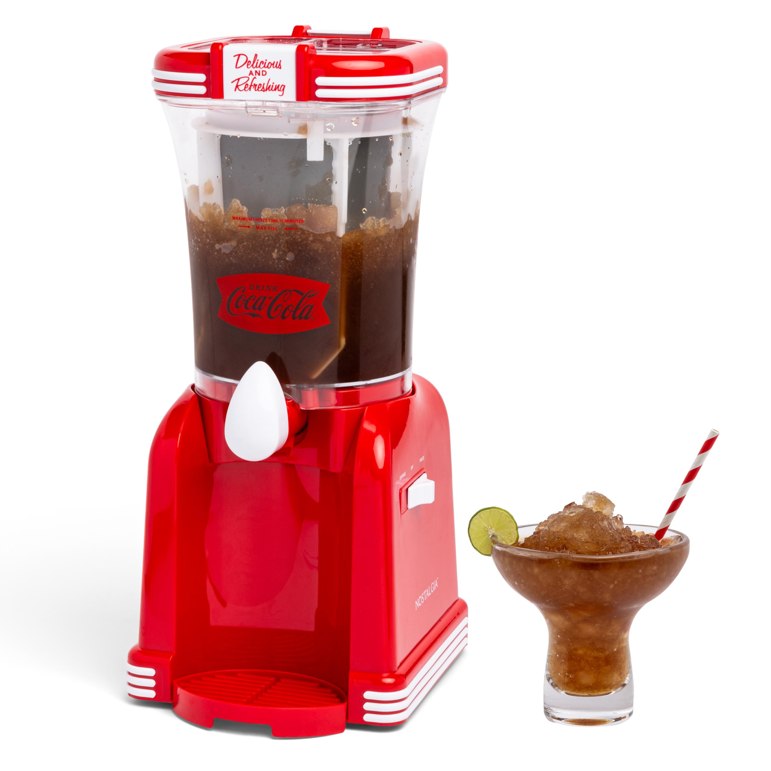 Nostalgia Coca-Cola Slushy Maker & Margarita Machine - 32oz Frozen Drink Maker with Stainless Steel Spout - Double Insulated & Easy Clean - Red - Perfect for Home Parties, BBQs & Summer Refreshments