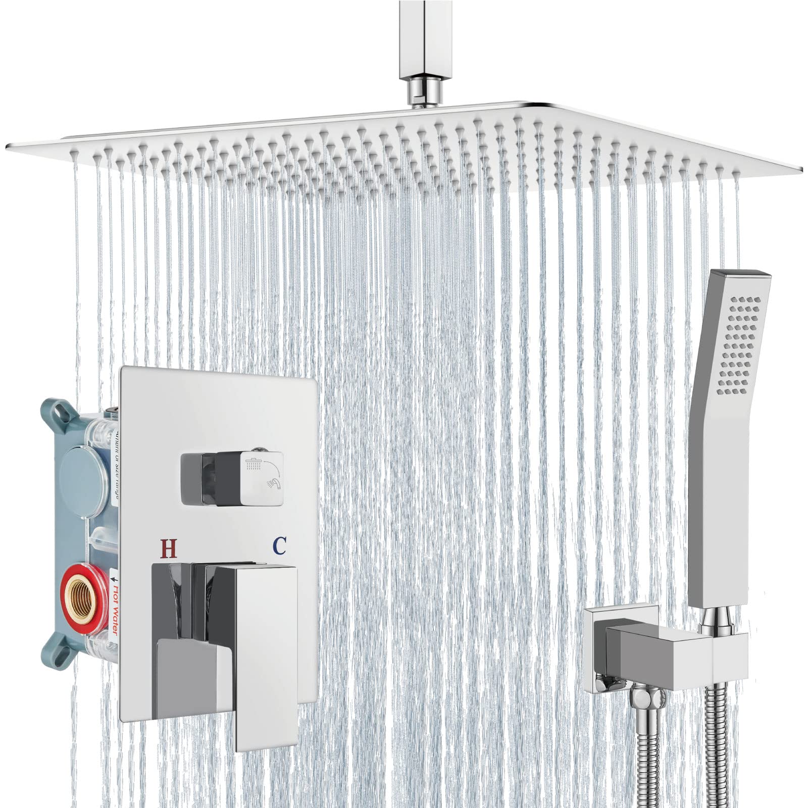 **Aolemi 16 Inch Ceiling Mount Shower System - High Pressure Rain Shower Head with Handheld Spray, Rough-in Valve & Polish Chrome Trim Kit - Perfect for Modern Bathroom & Spa-Like Experience**