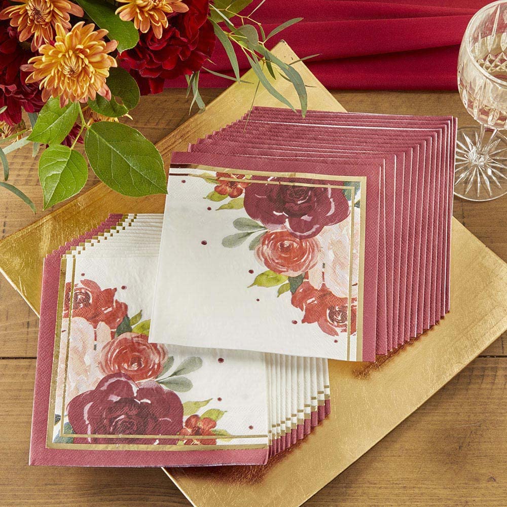 Kate Aspen 120-Count Burgundy Blush Floral Paper Napkins - 6.5 Inch 2-Ply Disposable Party Napkins for Weddings, Birthdays, Baby Showers & Anniversary Celebrations - Elegant Tableware for Dinner Parties, Bridal Showers & Special Events